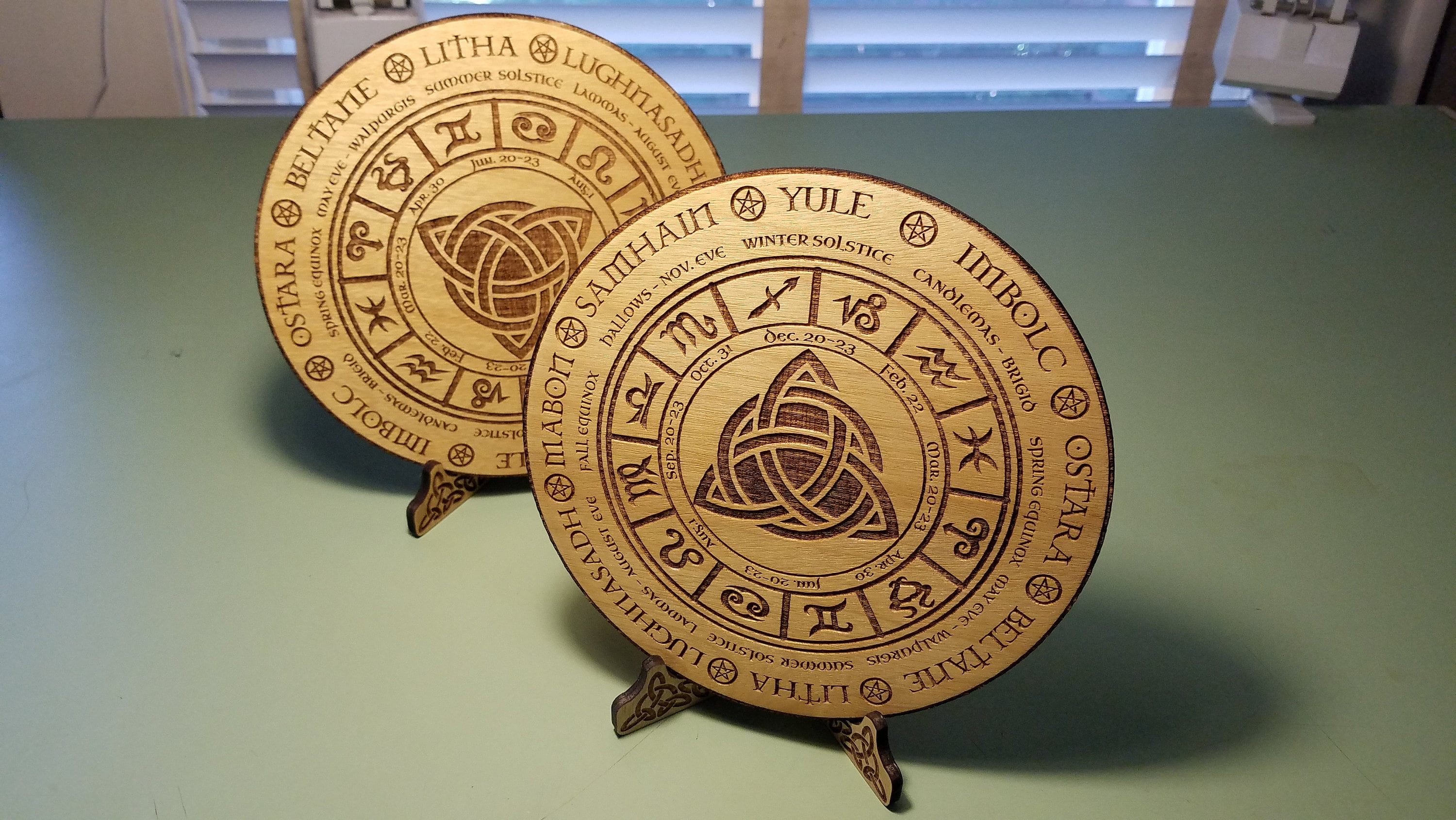Celtic Calendar with wooden stand Solstice Wheel of the year Pagan Witchcraft Wiccan Witch Engraved Triquetra Viking Norse Alter