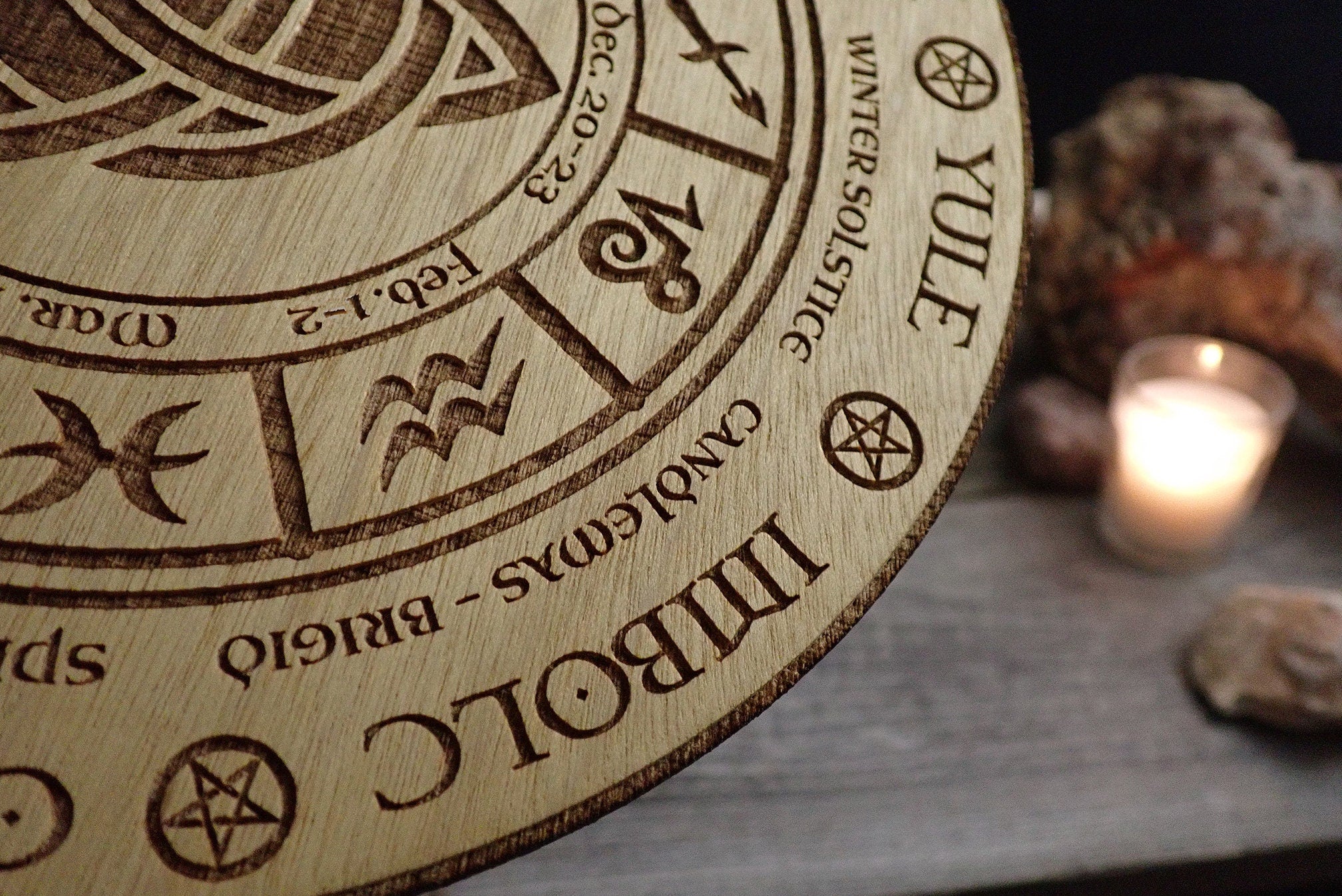 Celtic Calendar with wooden stand Solstice Wheel of the year Pagan Witchcraft Wiccan Witch Engraved Triquetra Viking Norse Alter