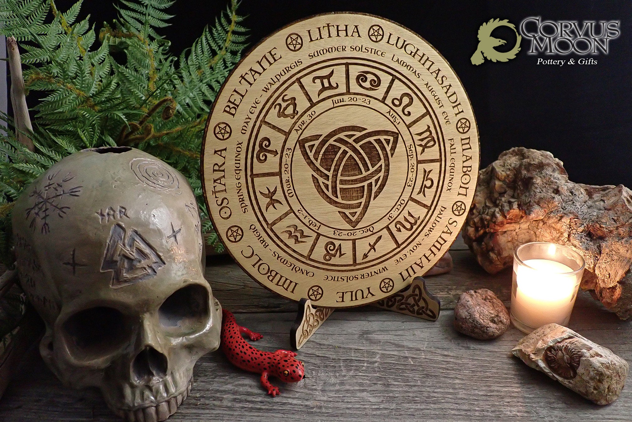 Celtic Calendar with wooden stand Solstice Wheel of the year Pagan Witchcraft Wiccan Witch Engraved Triquetra Viking Norse Alter