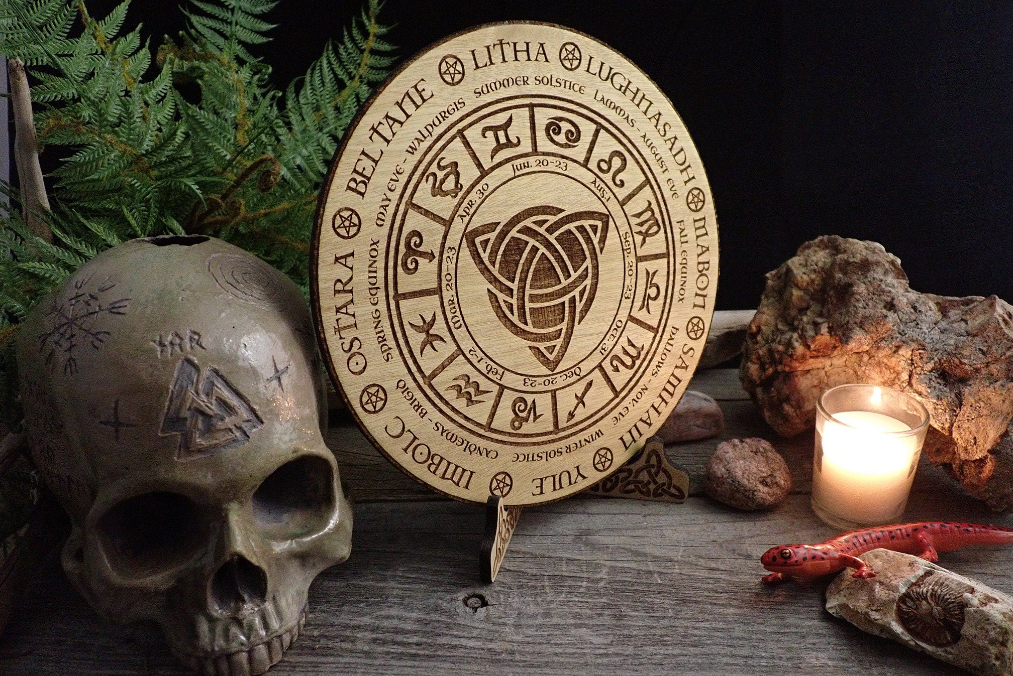 Celtic Calendar with wooden stand Solstice Wheel of the year Pagan Witchcraft Wiccan Witch Engraved Triquetra Viking Norse Alter