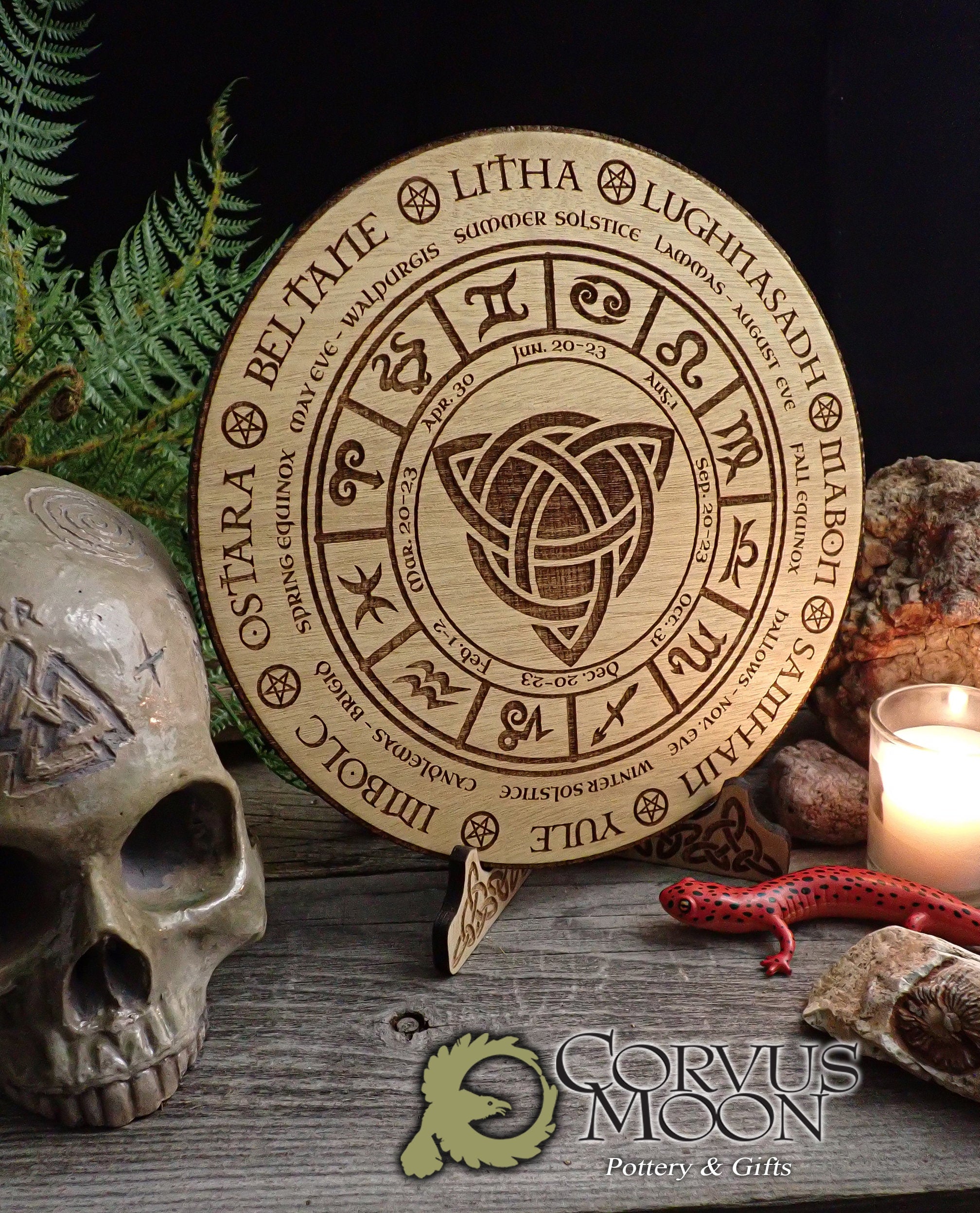 Celtic Calendar with wooden stand Solstice Wheel of the year Pagan Witchcraft Wiccan Witch Engraved Triquetra Viking Norse Alter