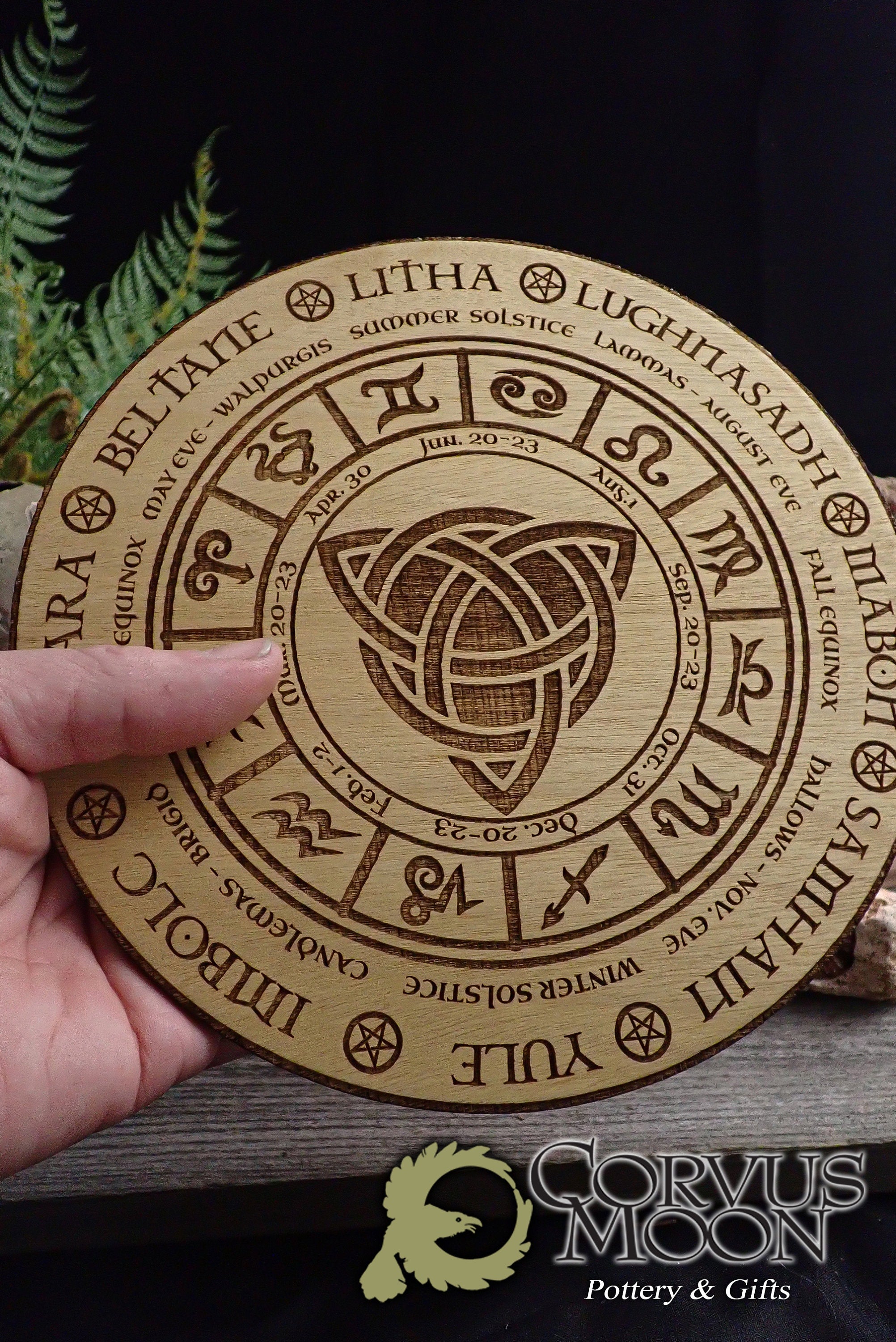 Celtic Calendar with wooden stand Solstice Wheel of the year Pagan Witchcraft Wiccan Witch Engraved Triquetra Viking Norse Alter