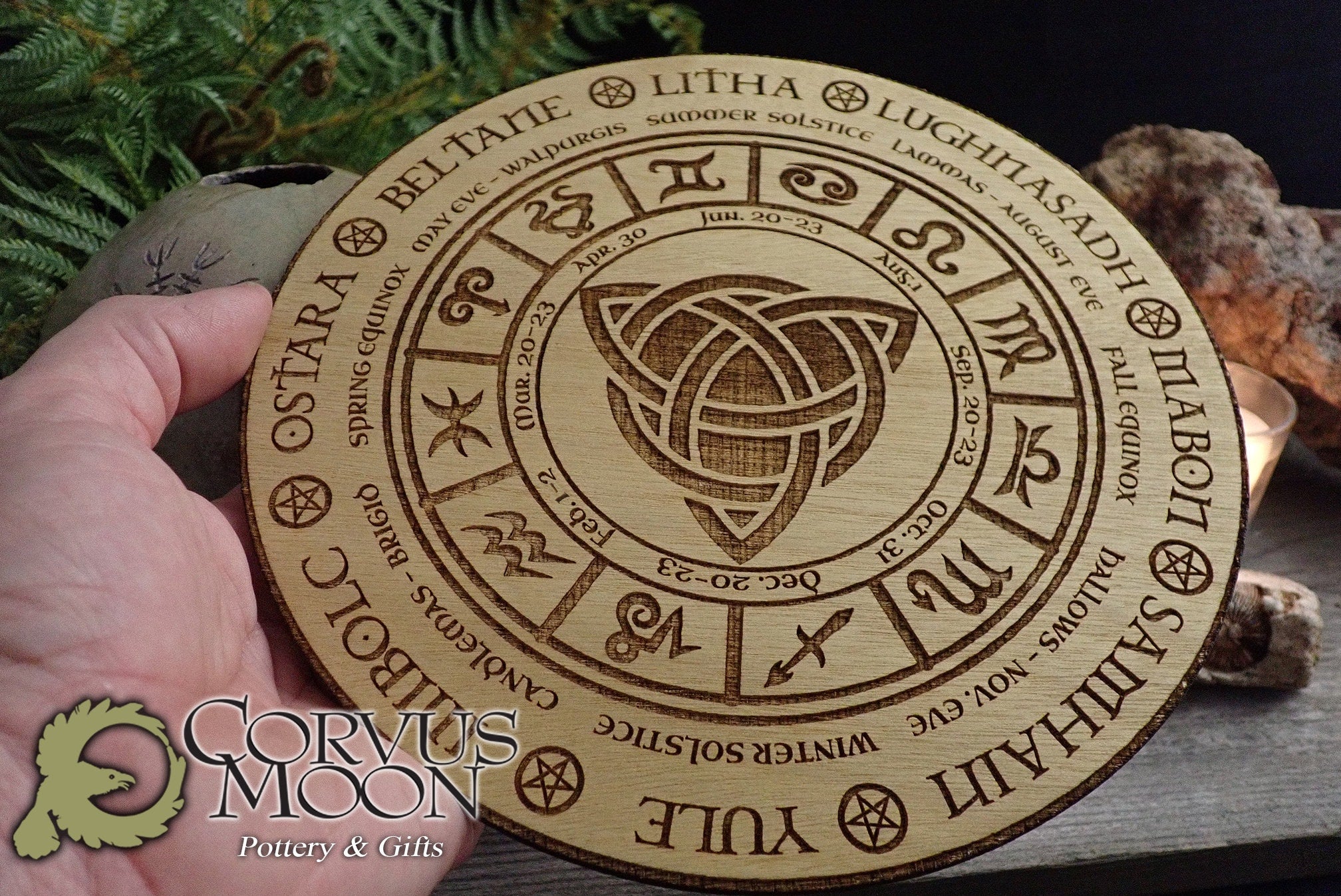 Celtic Calendar with wooden stand Solstice Wheel of the year Pagan Witchcraft Wiccan Witch Engraved Triquetra Viking Norse Alter