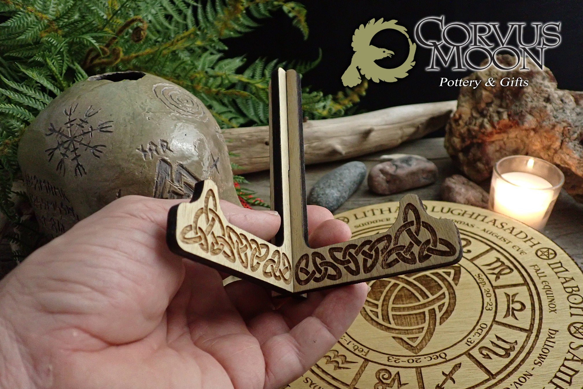 Celtic Calendar with wooden stand Solstice Wheel of the year Pagan Witchcraft Wiccan Witch Engraved Triquetra Viking Norse Alter
