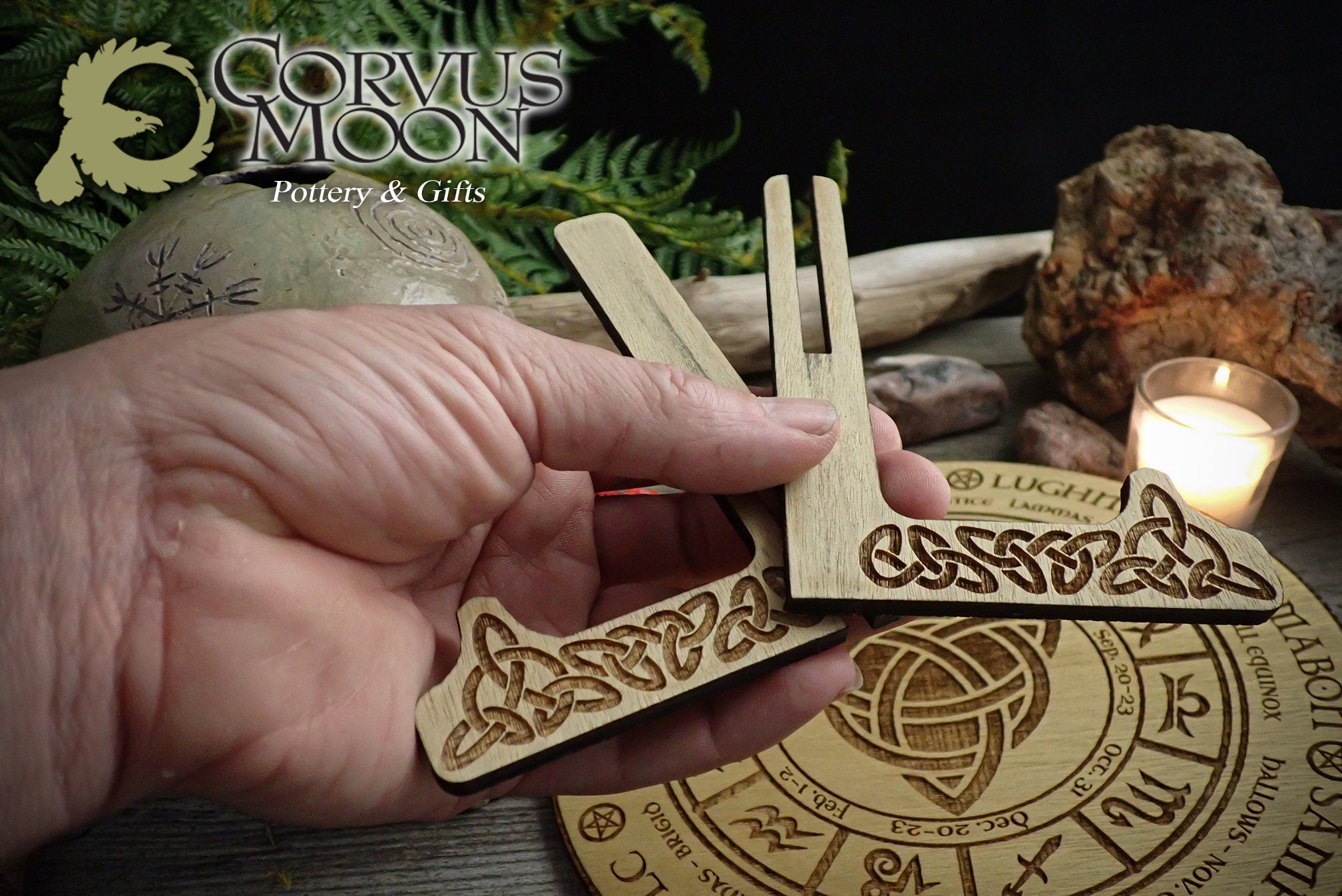Celtic Calendar with wooden stand Solstice Wheel of the year Pagan Witchcraft Wiccan Witch Engraved Triquetra Viking Norse Alter