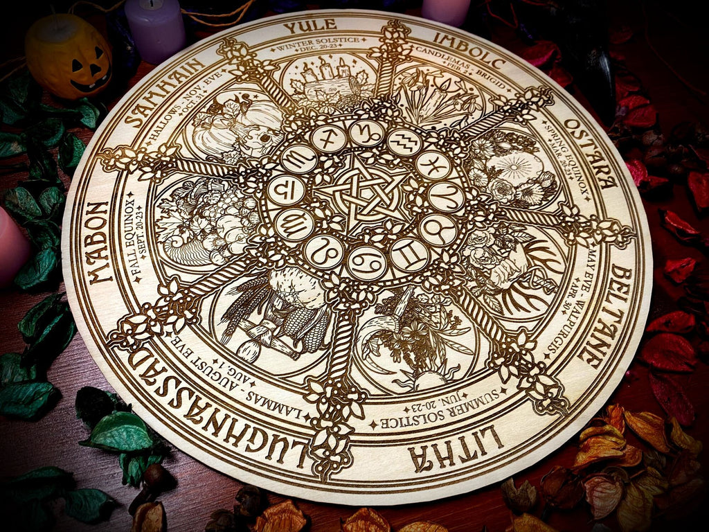 Wheel of the Year engraved on poplar wood "Natural" version - wicca wiccan witch magic witchcraft wood pyrography pagan symbolism paganism 