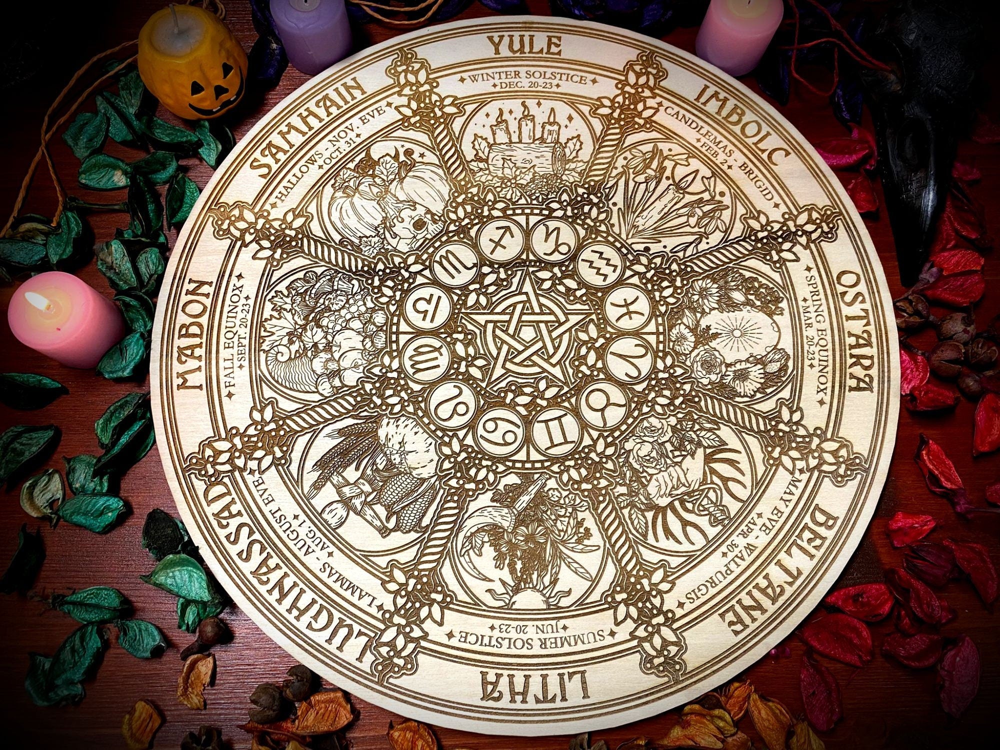 Wheel of the Year engraved on poplar wood "Natural" version - wicca wiccan witch magic witchcraft wood pyrography pagan symbolism paganism 