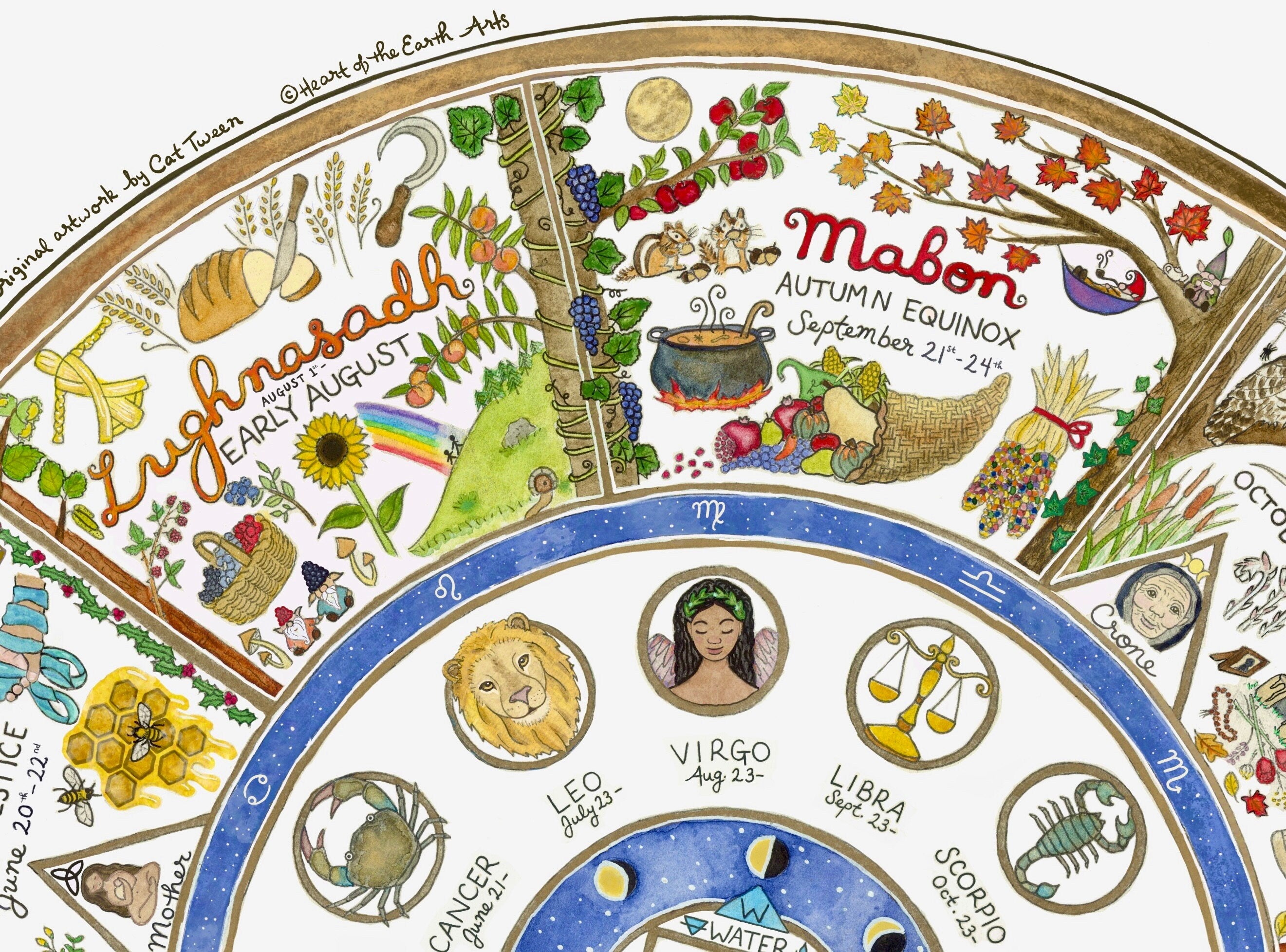 Wheel of the Year in round, wooden frame | A perennial calendar of pagan sabbats, in a handmade, circular, natural wood frame | 12 inches