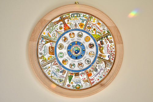 Wheel of the Year in round, wooden frame | A perennial calendar of pagan sabbats, in a handmade, circular, natural wood frame | 12 inches