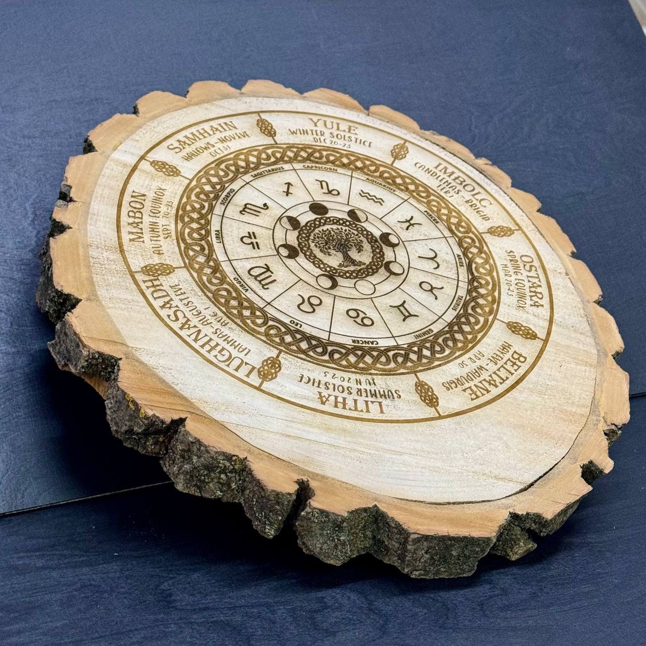 Wheel of the year, wiccan calendar, log slice decor, annual cycle of seasonal festivals, pagan, altar, witch decor, witch gift