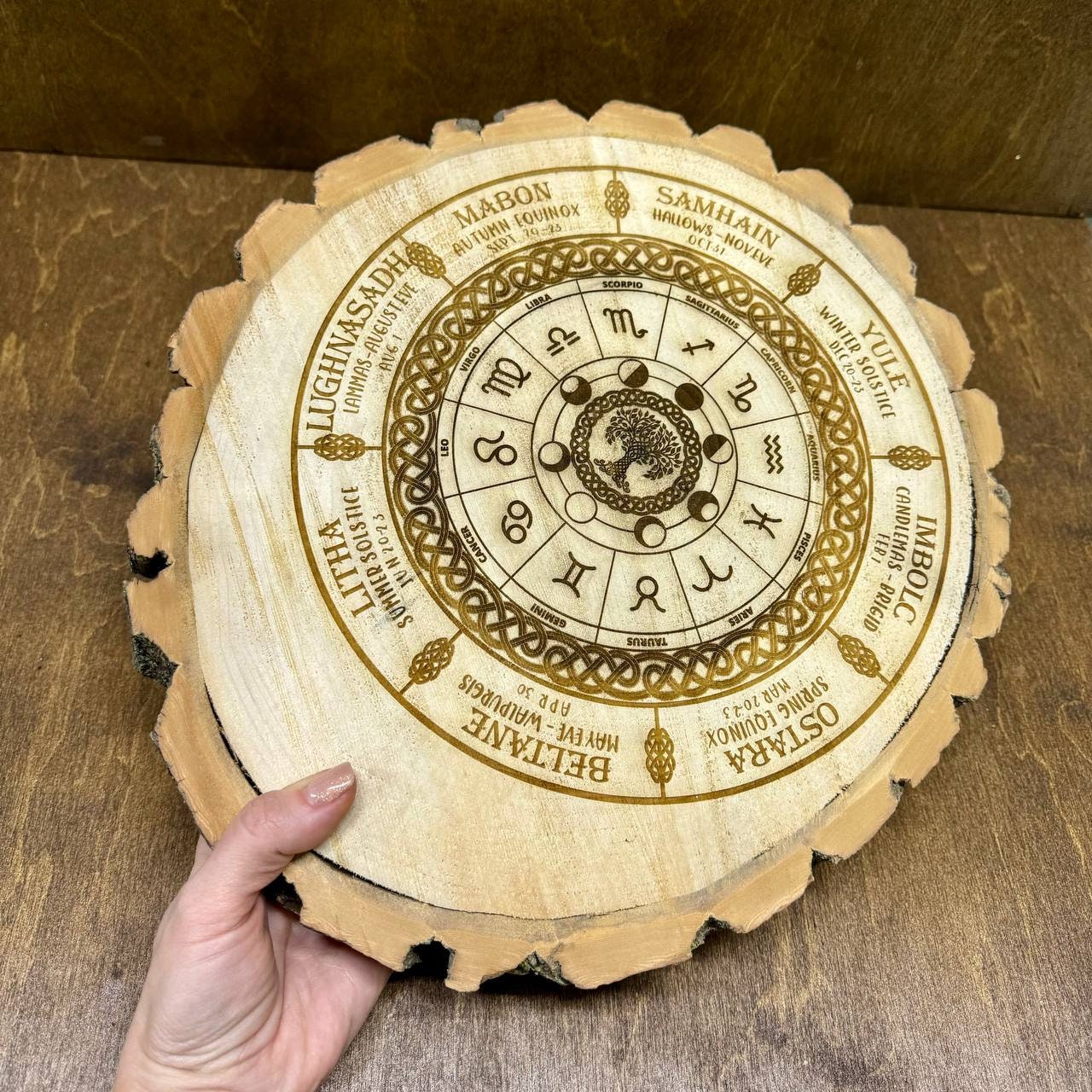 Wheel of the year, wiccan calendar, log slice decor, annual cycle of seasonal festivals, pagan, altar, witch decor, witch gift