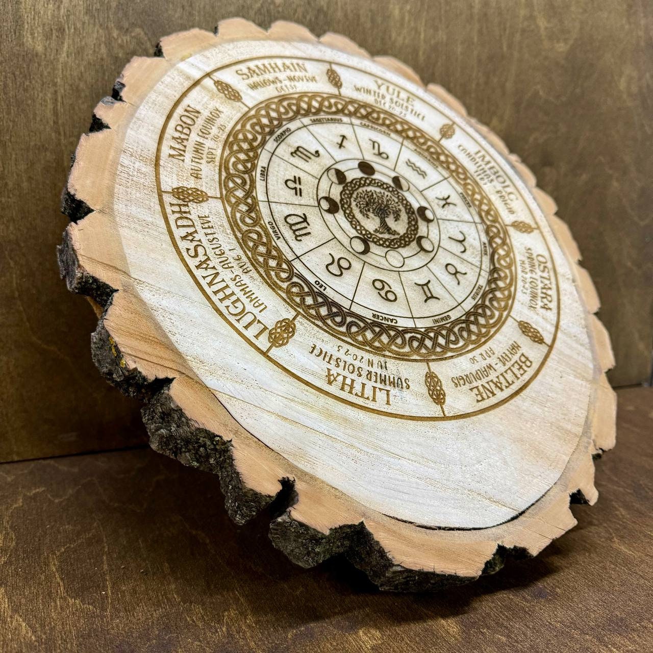 Wheel of the year, wiccan calendar, log slice decor, annual cycle of seasonal festivals, pagan, altar, witch decor, witch gift