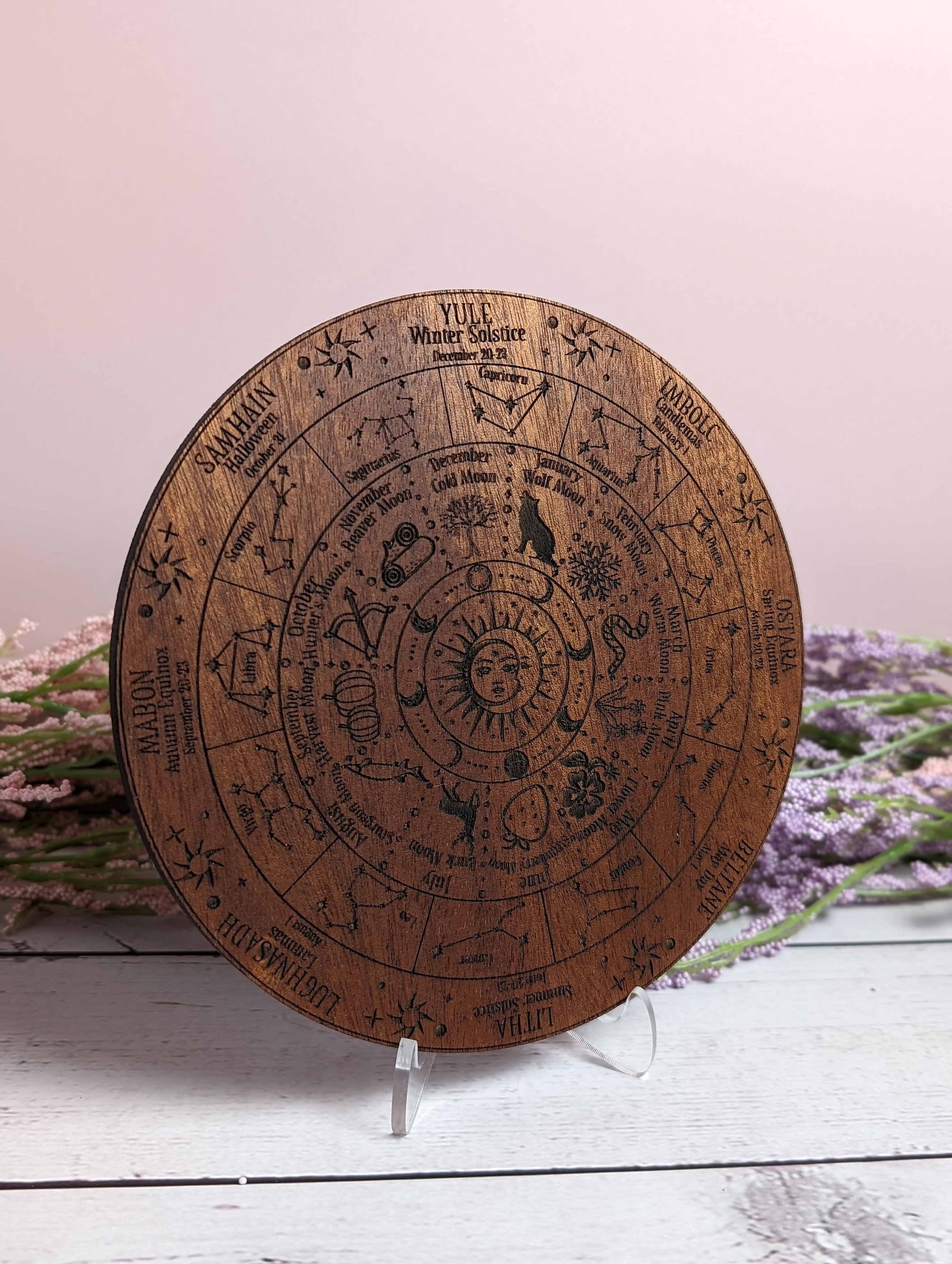 Wheel of the year celestial full moon engraved wood calendar; Hanging calendar; Desk calendar; Pagan holidays; Zodiac decor