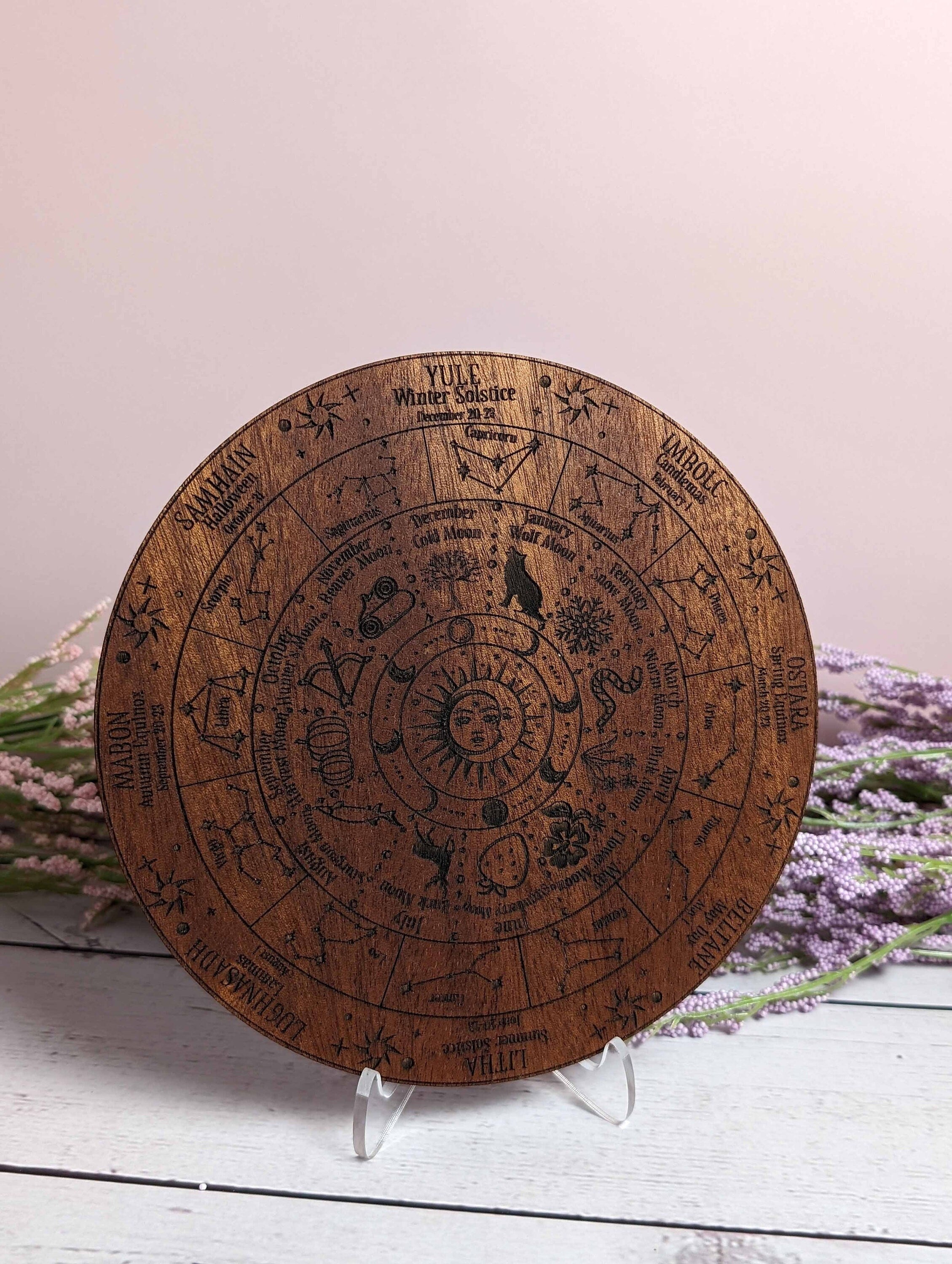 Wheel of the year celestial full moon engraved wood calendar; Hanging calendar; Desk calendar; Pagan holidays; Zodiac decor
