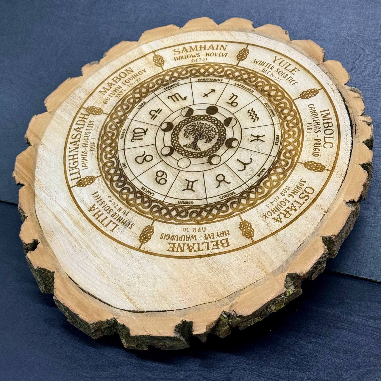 Wheel of the year, wiccan calendar, log slice decor, annual cycle of seasonal festivals, pagan, altar, witch decor, witch gift