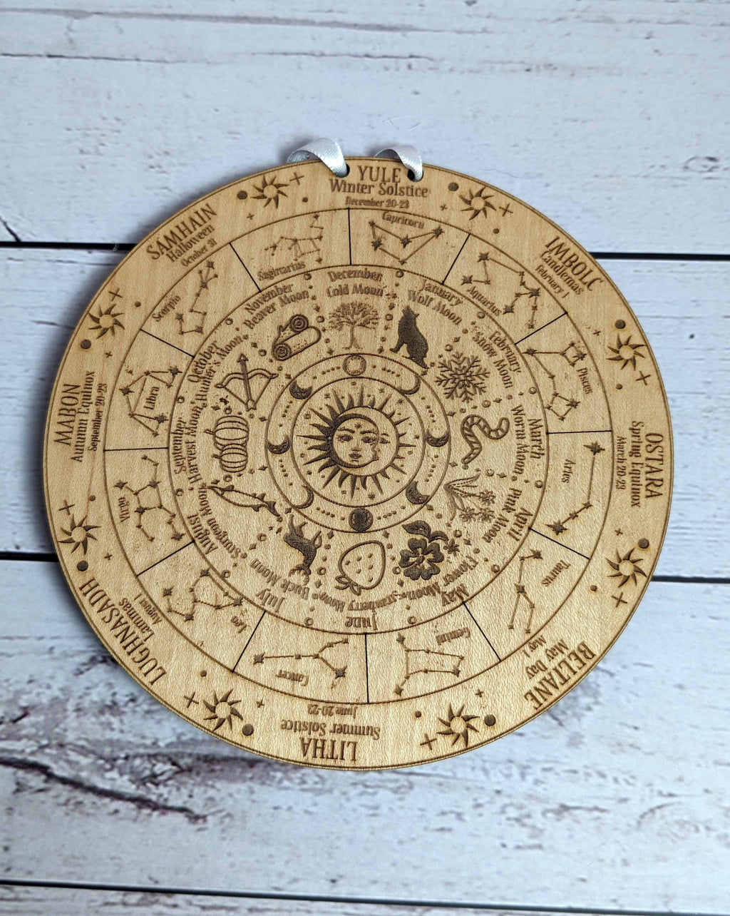 Wheel of the year celestial full moon engraved wood calendar; Hanging calendar; Desk calendar; Pagan holidays; Zodiac decor