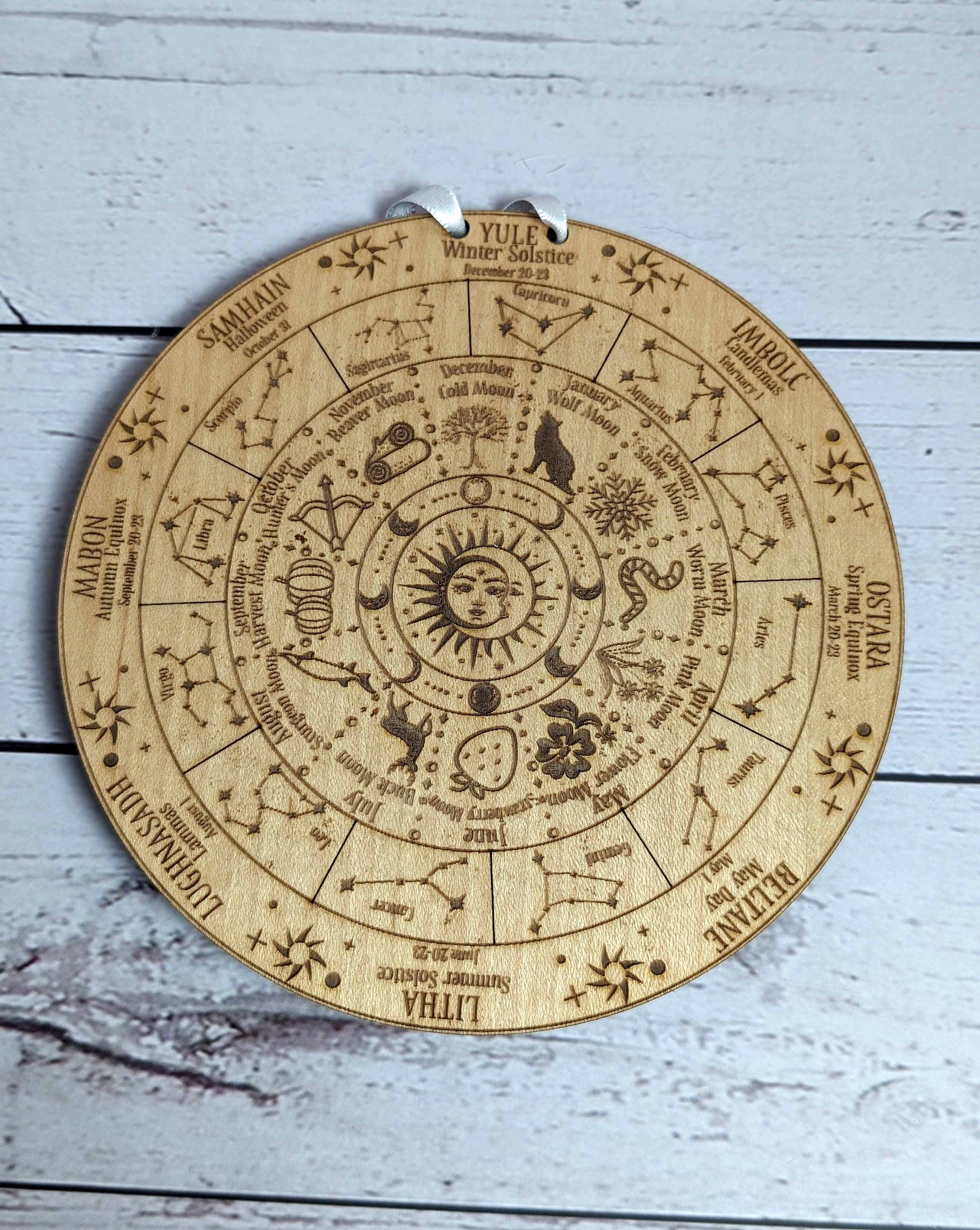 Wheel of the year celestial full moon engraved wood calendar; Hanging calendar; Desk calendar; Pagan holidays; Zodiac decor