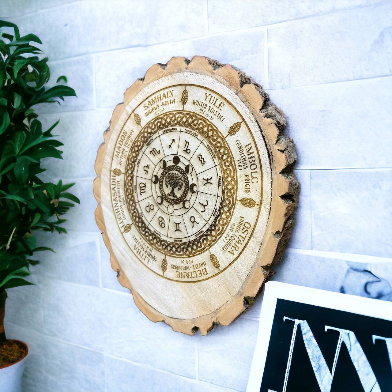 Wheel of the year, wiccan calendar, log slice decor, annual cycle of seasonal festivals, pagan, altar, witch decor, witch gift