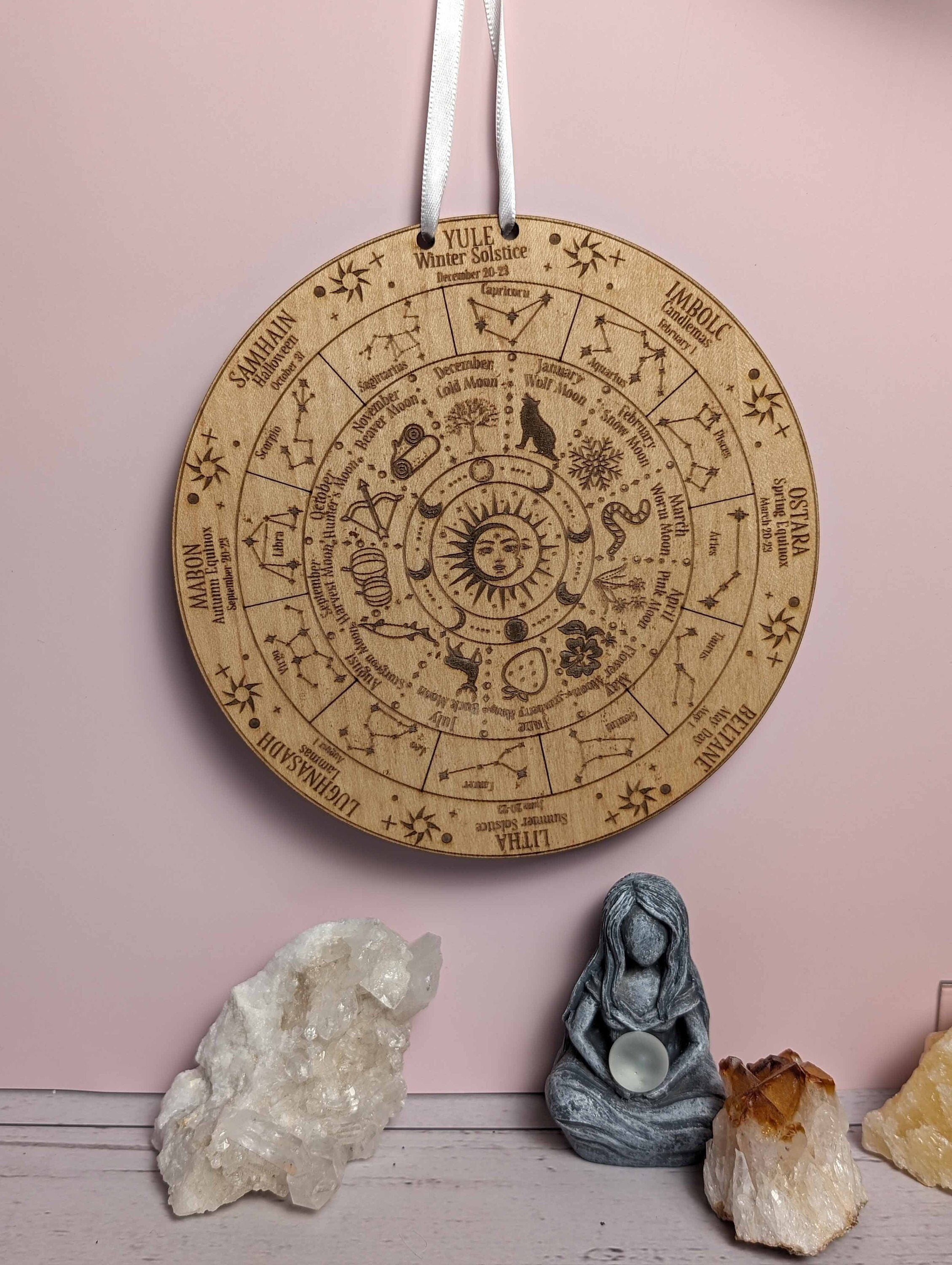 Wheel of the year celestial full moon engraved wood calendar; Hanging calendar; Desk calendar; Pagan holidays; Zodiac decor