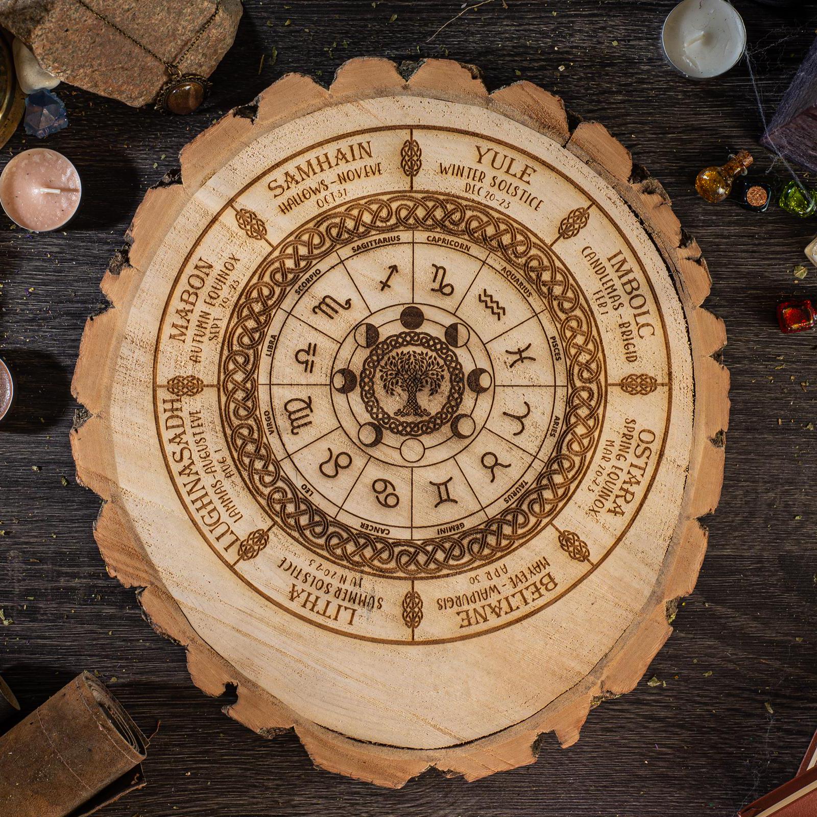 Wheel of the year, wiccan calendar, log slice decor, annual cycle of seasonal festivals, pagan, altar, witch decor, witch gift