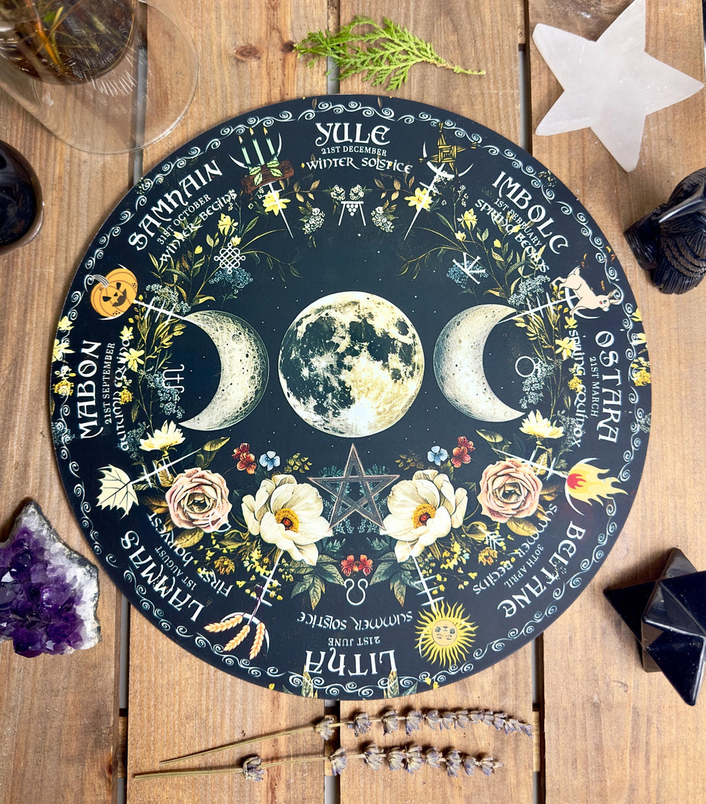 Triple moon | Wheel of the year board | Wiccan | witch Pagan Calendar | Northern + Southern Hemisphere options | Locally made 30cm/11.8inch
