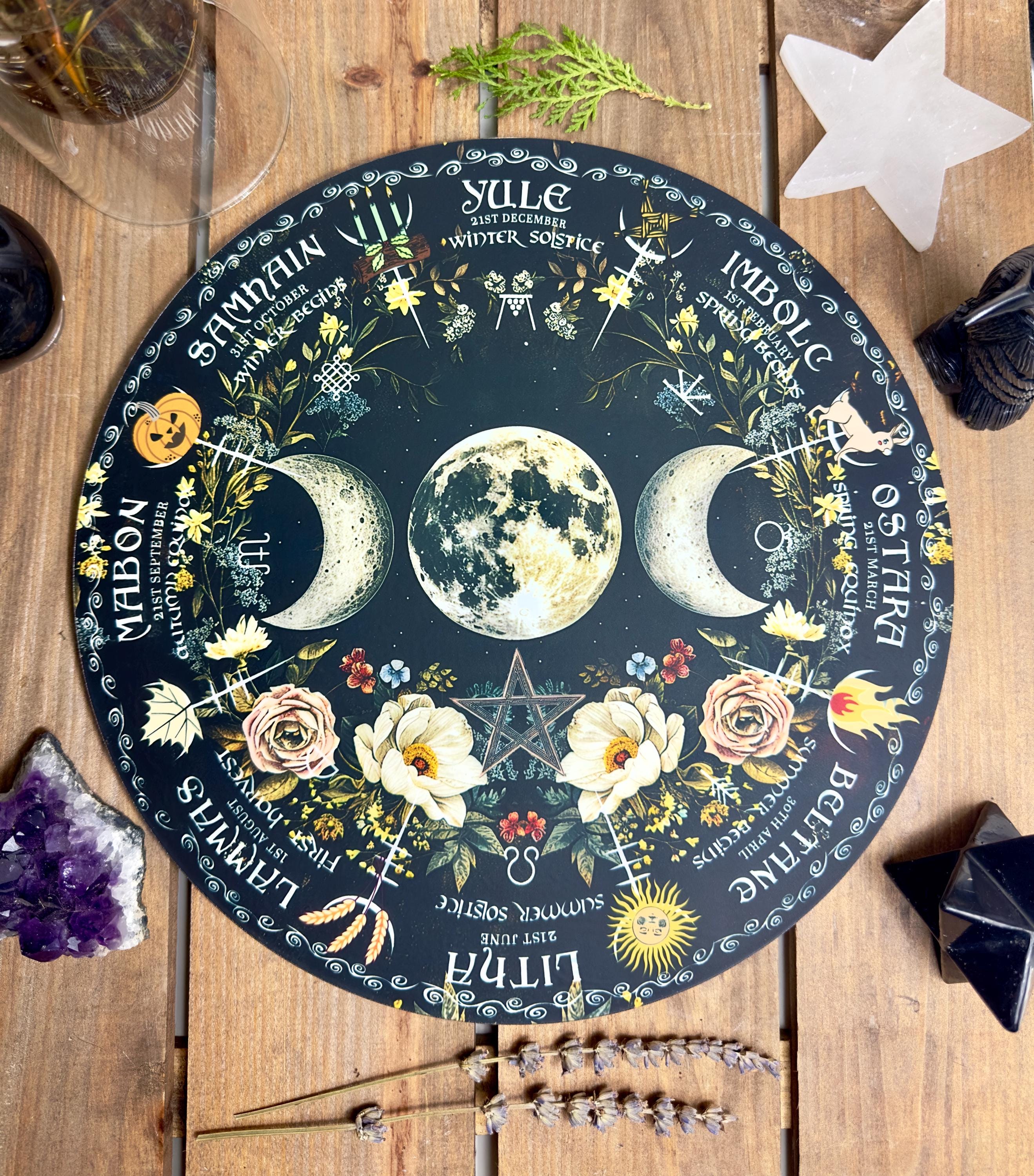 Triple moon | Wheel of the year board | Wiccan | witch Pagan Calendar | Northern + Southern Hemisphere options | Locally made 30cm/11.8inch