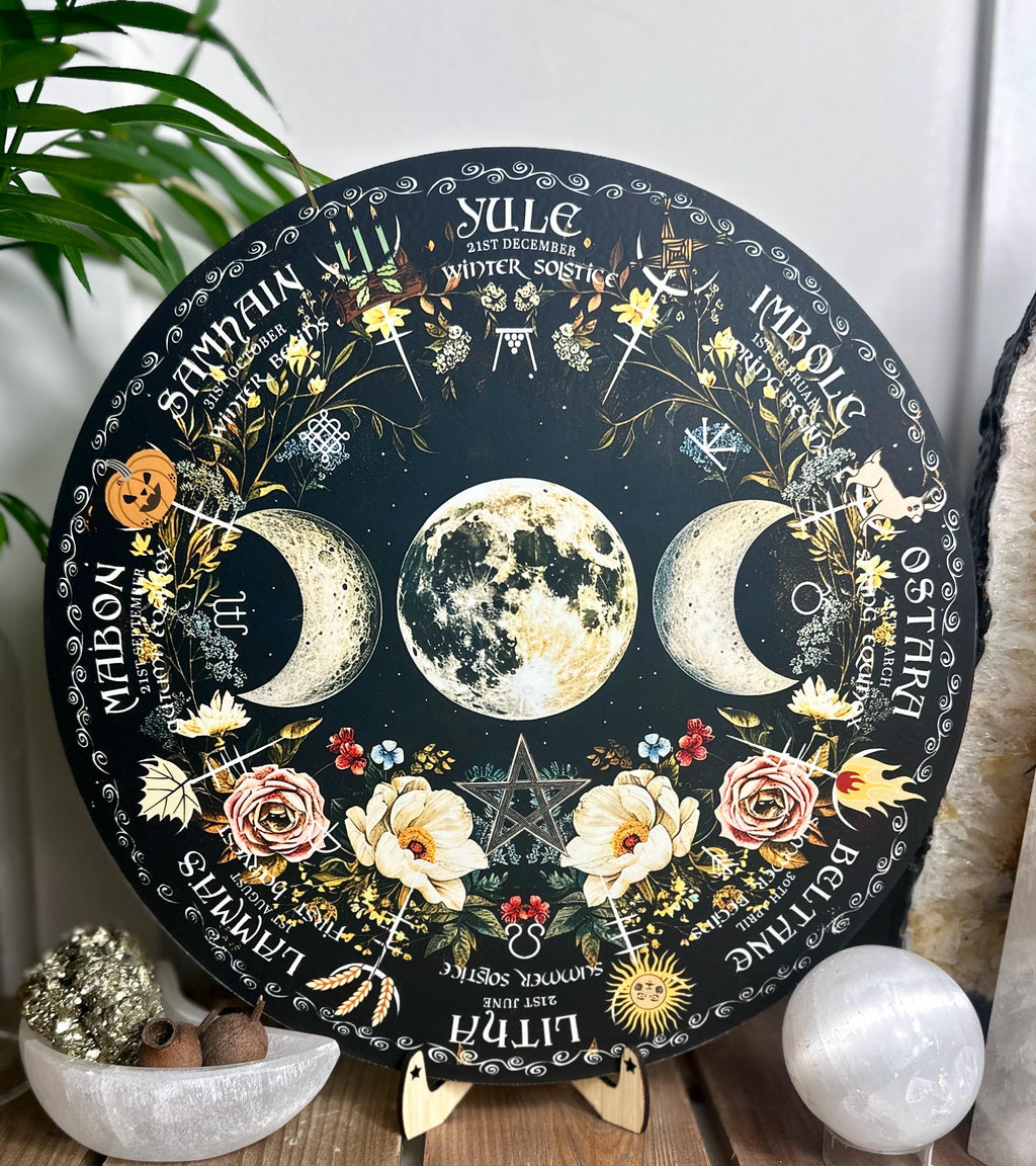 Triple moon | Wheel of the year board | Wiccan | witch Pagan Calendar | Northern + Southern Hemisphere options | Locally made 30cm/11.8inch