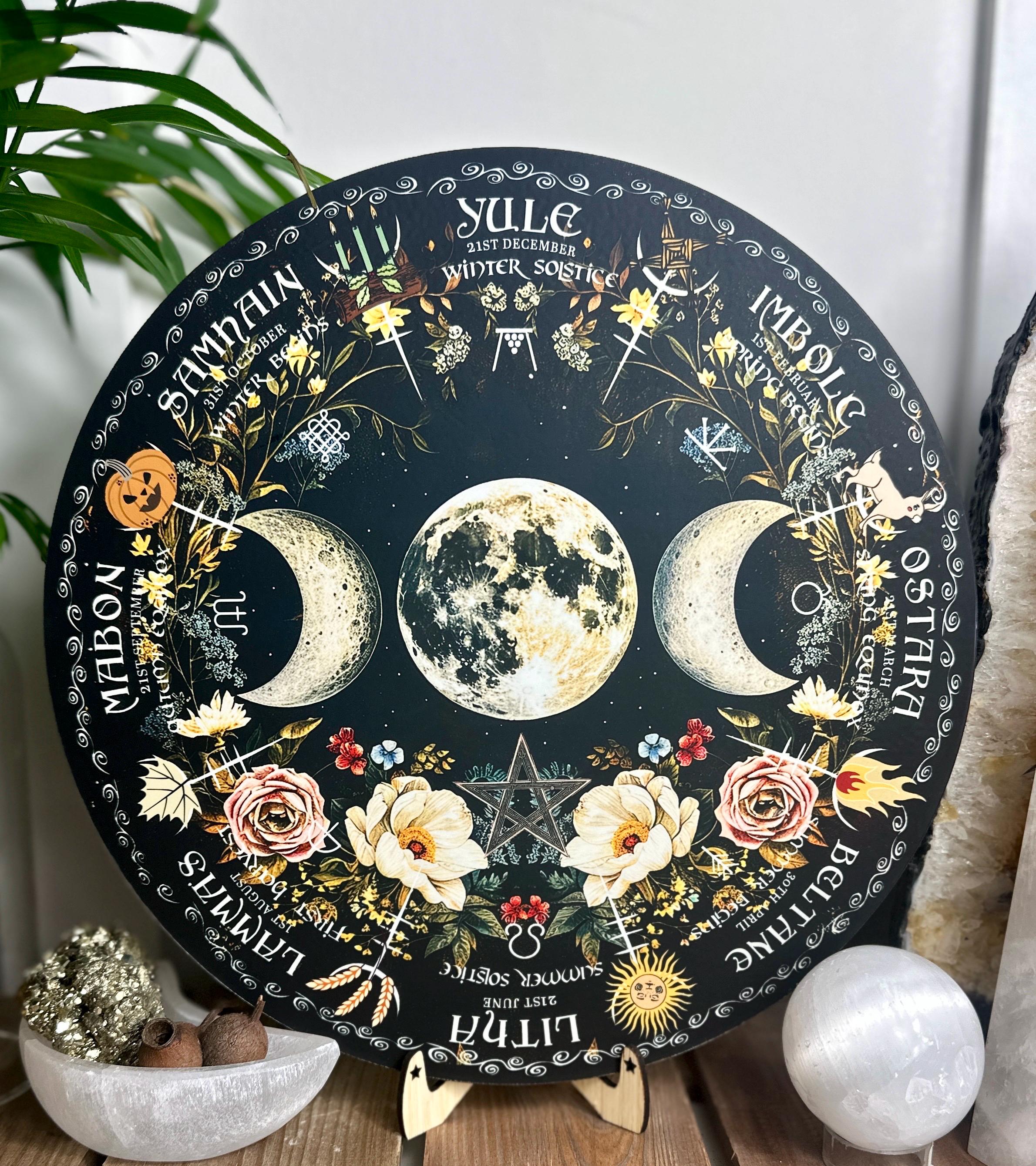 Triple moon | Wheel of the year board | Wiccan | witch Pagan Calendar | Northern + Southern Hemisphere options | Locally made 30cm/11.8inch