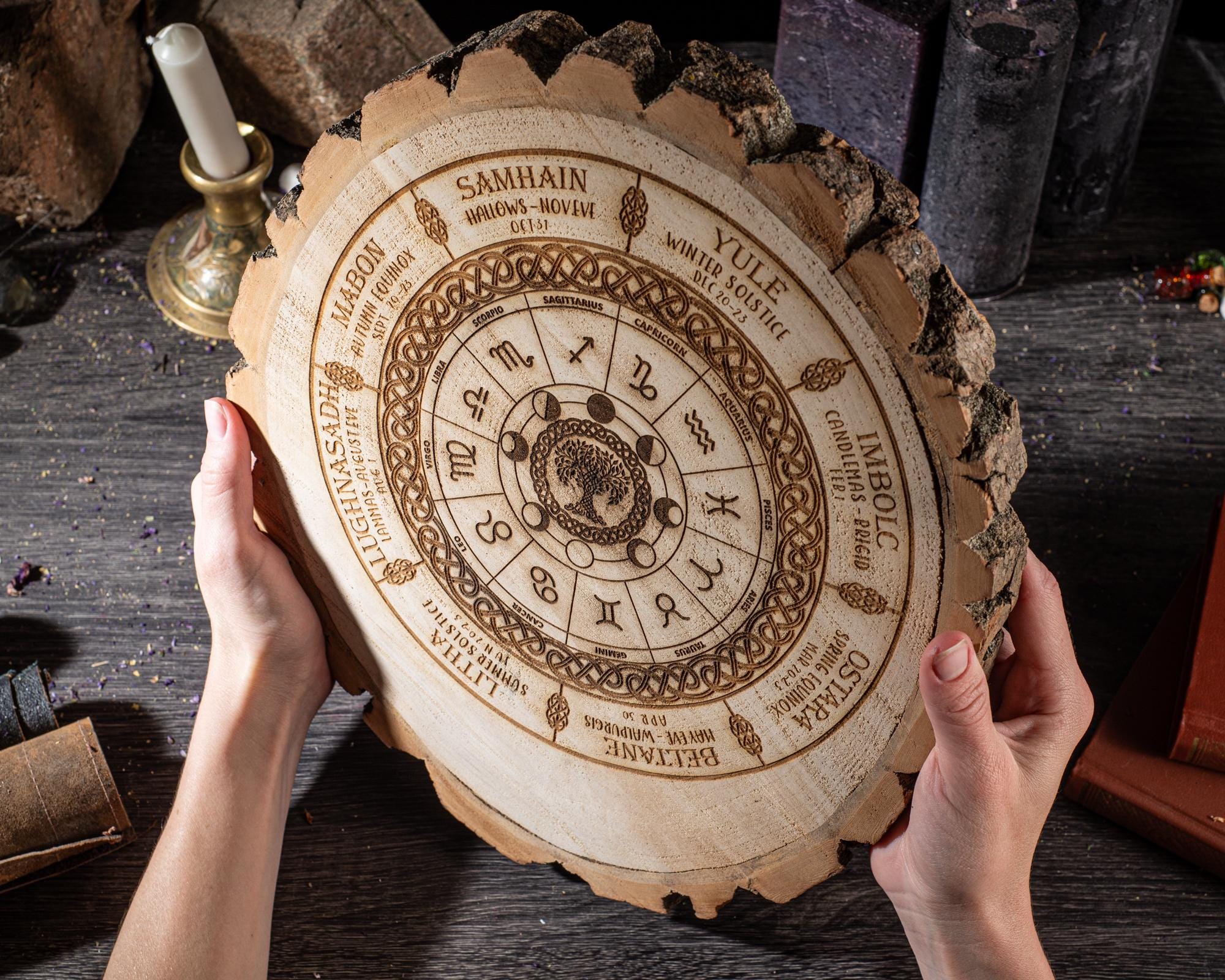 Wheel of the year, wiccan calendar, log slice decor, annual cycle of seasonal festivals, pagan, altar, witch decor, witch gift