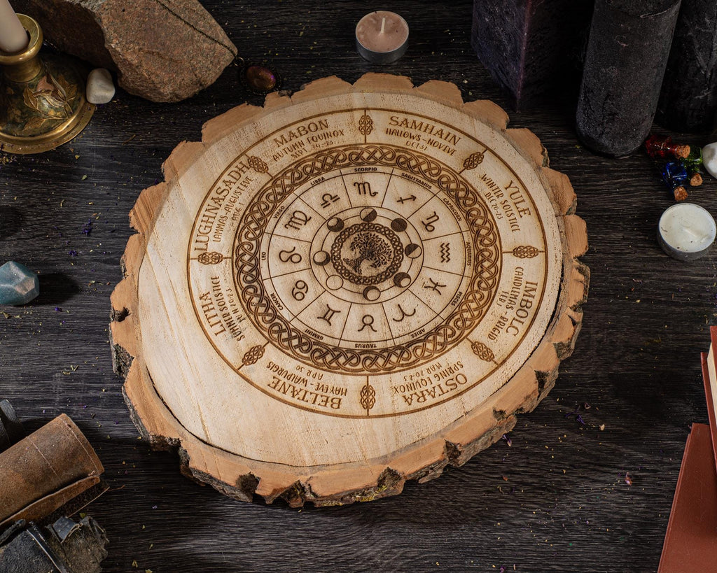 Wheel of the year, wiccan calendar, log slice decor, annual cycle of seasonal festivals, pagan, altar, witch decor, witch gift
