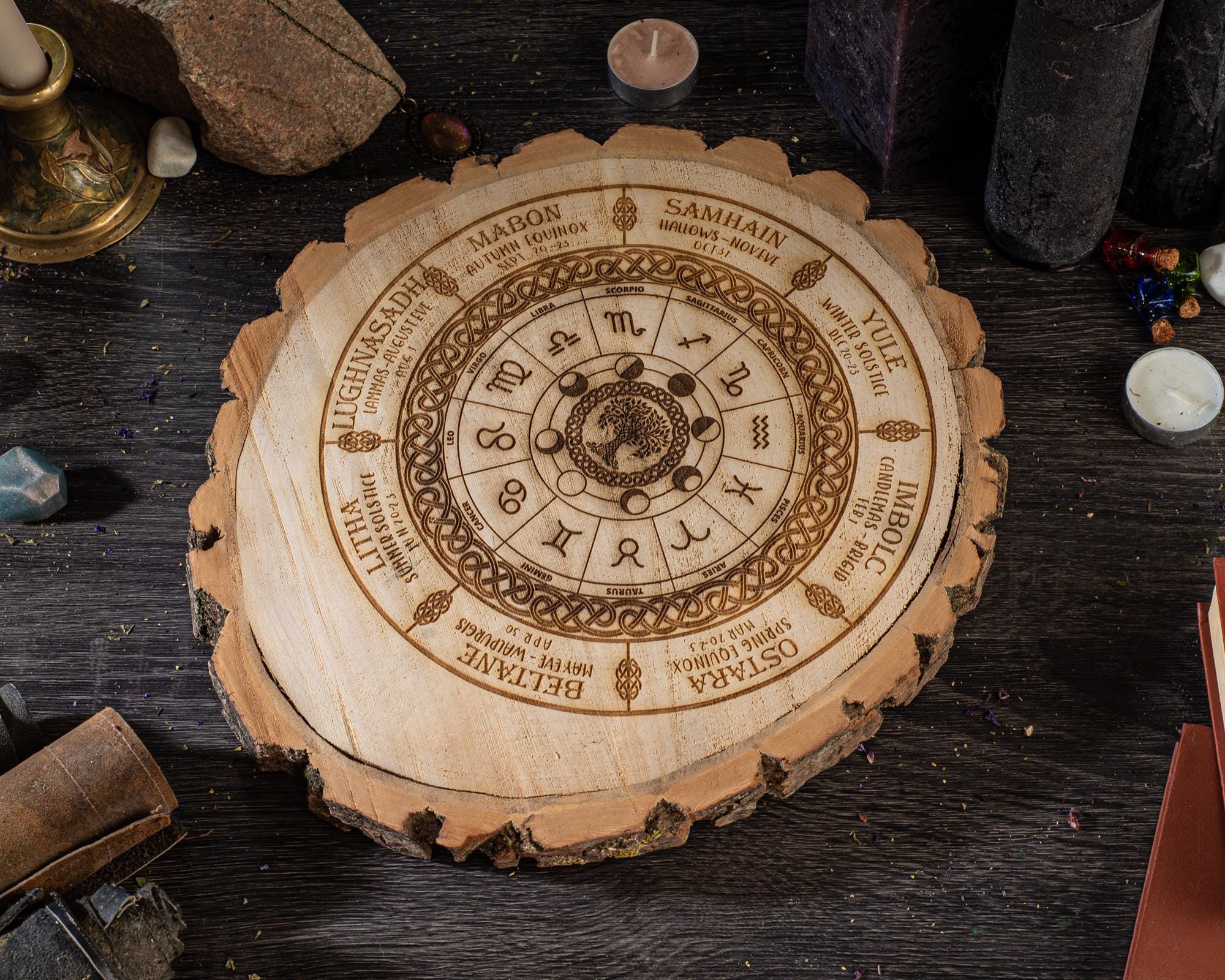 Wheel of the year, wiccan calendar, log slice decor, annual cycle of seasonal festivals, pagan, altar, witch decor, witch gift