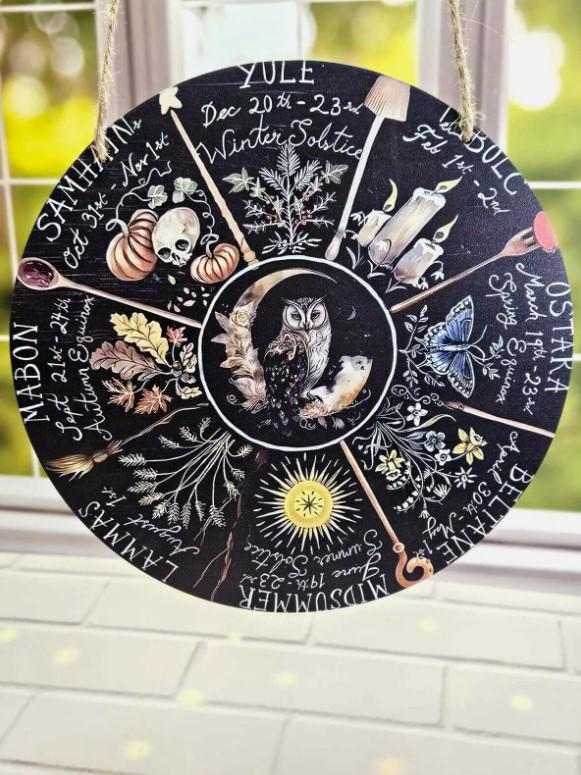 Wooden Wiccan Sabbats Wheel with Zodiac Signs Wheel of the Year