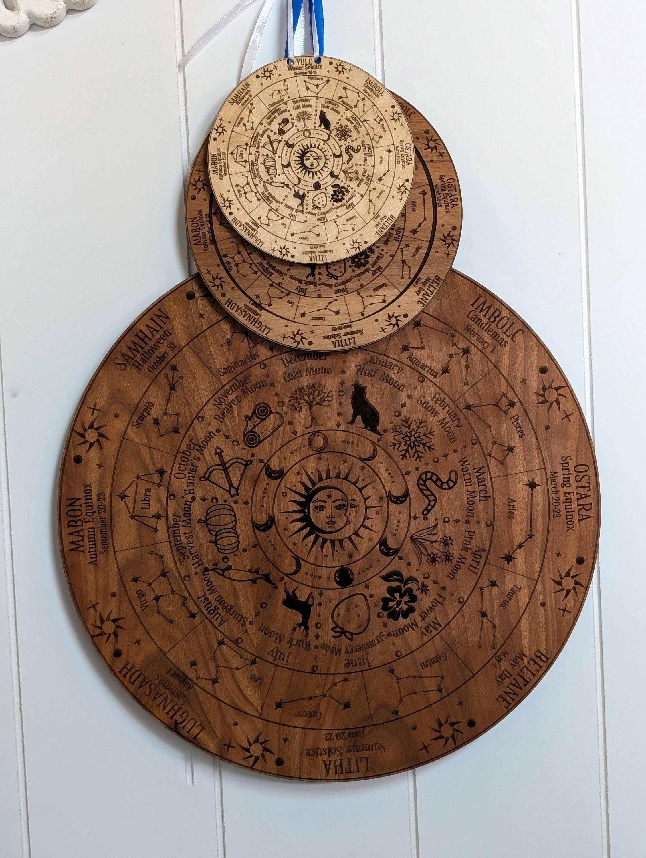 Wheel of the year celestial full moon engraved wood calendar; Hanging calendar; Desk calendar; Pagan holidays; Zodiac decor