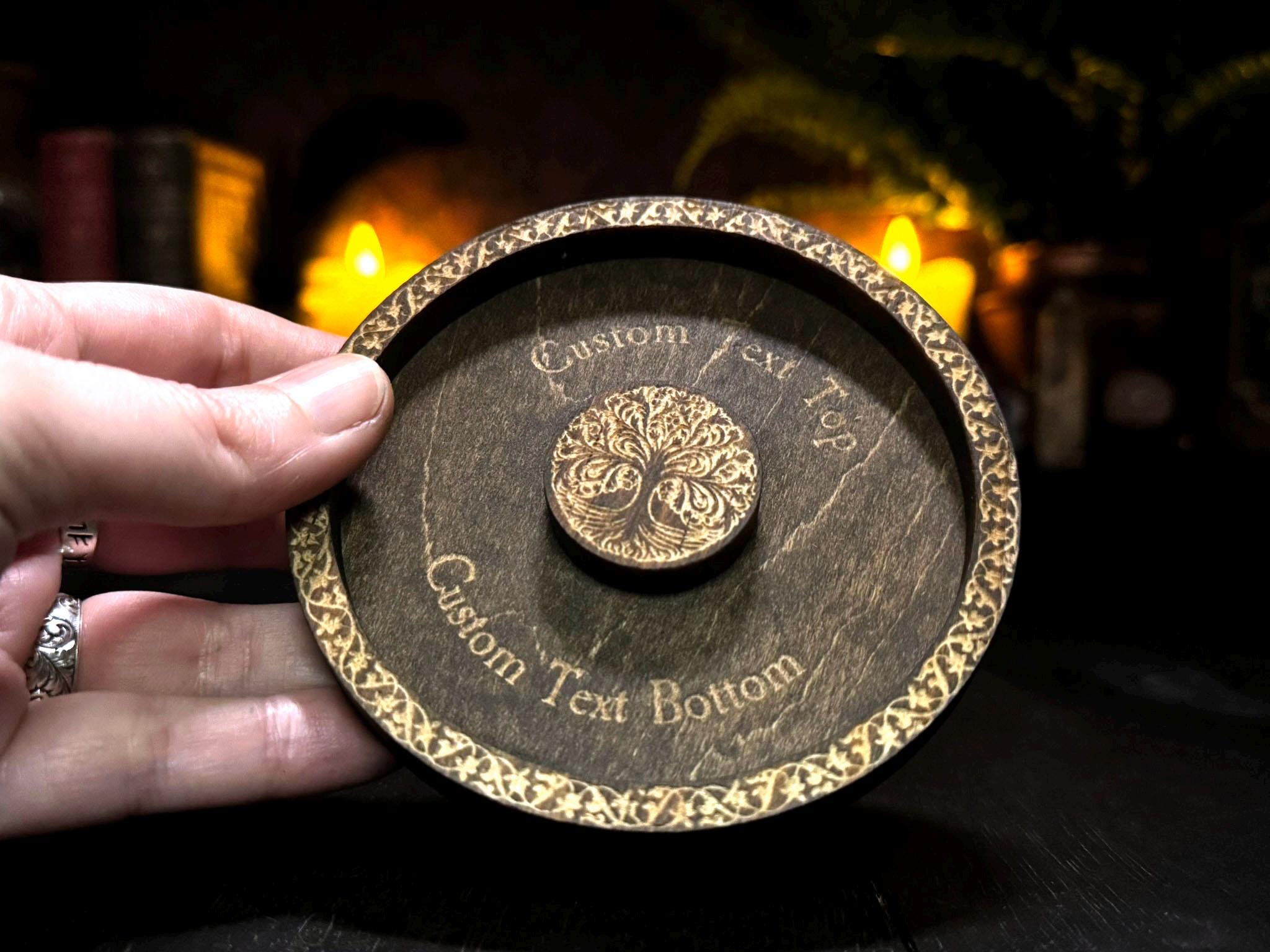 Wheel of the Year engraved rotating solid wood mini Pagan Wicca annual seasonal festivals sabbats, moon phases & zodiac signs calendar