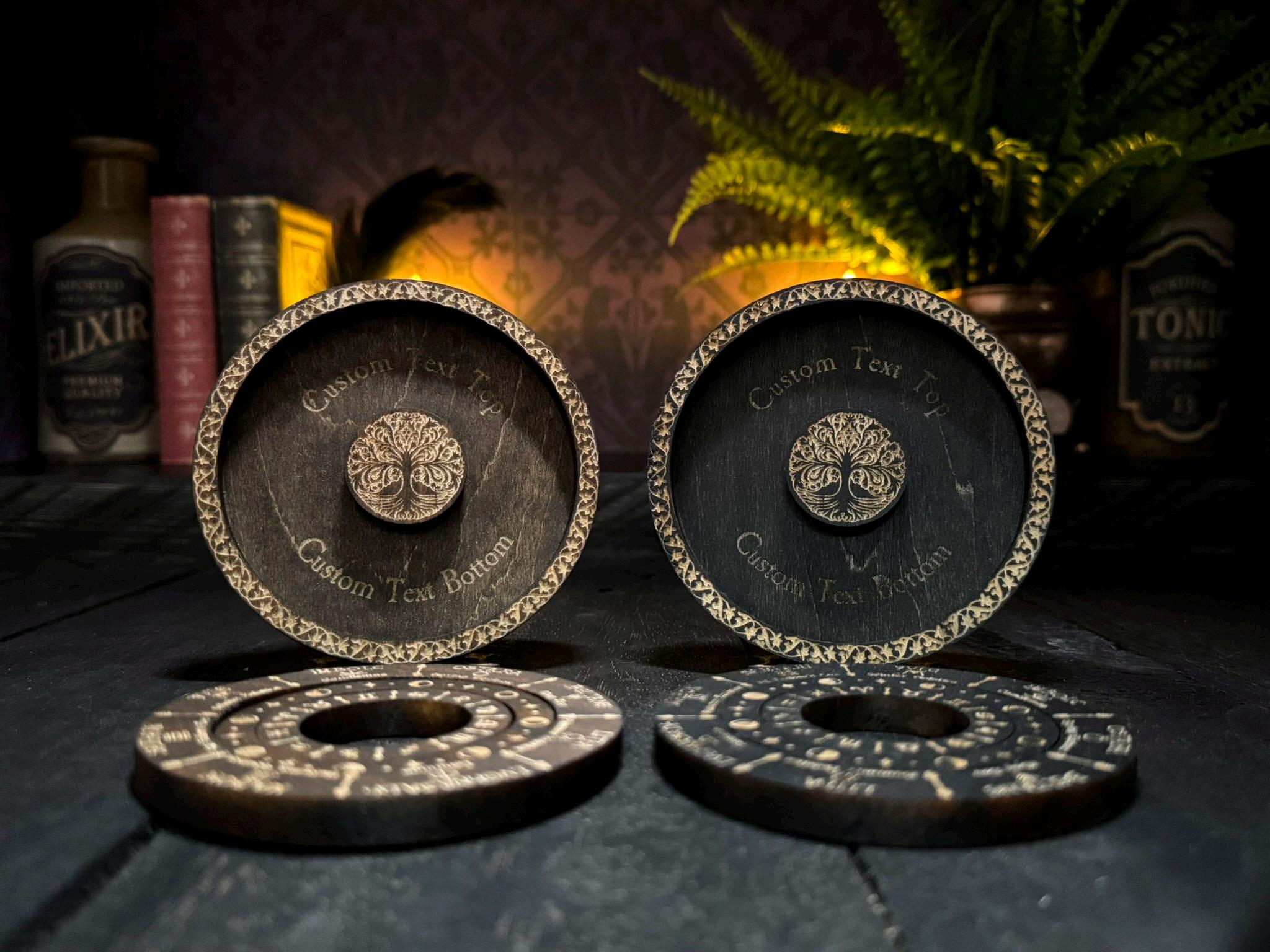 Wheel of the Year engraved rotating solid wood mini Pagan Wicca annual seasonal festivals sabbats, moon phases & zodiac signs calendar
