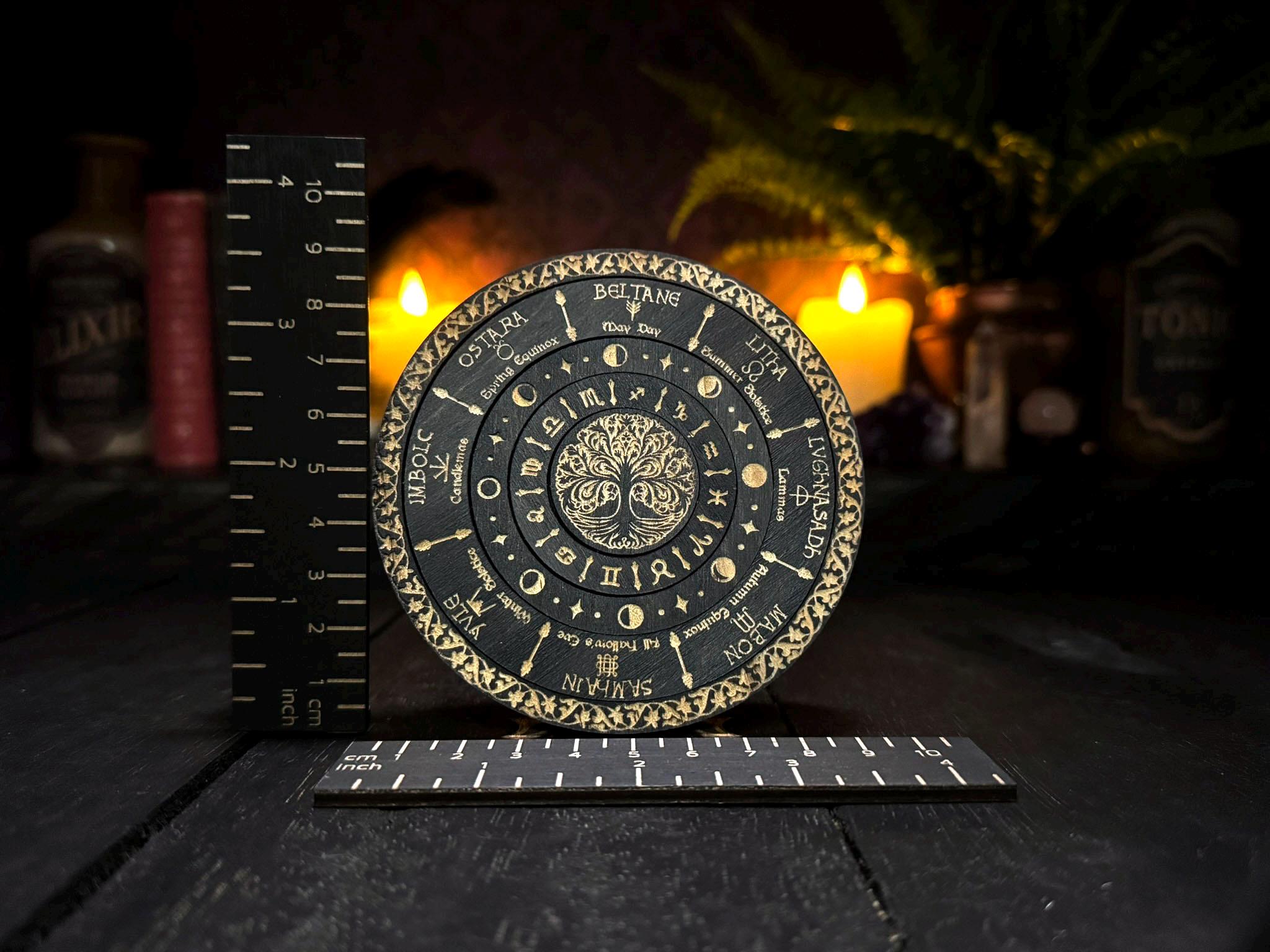 Wheel of the Year engraved rotating solid wood mini Pagan Wicca annual seasonal festivals sabbats, moon phases & zodiac signs calendar
