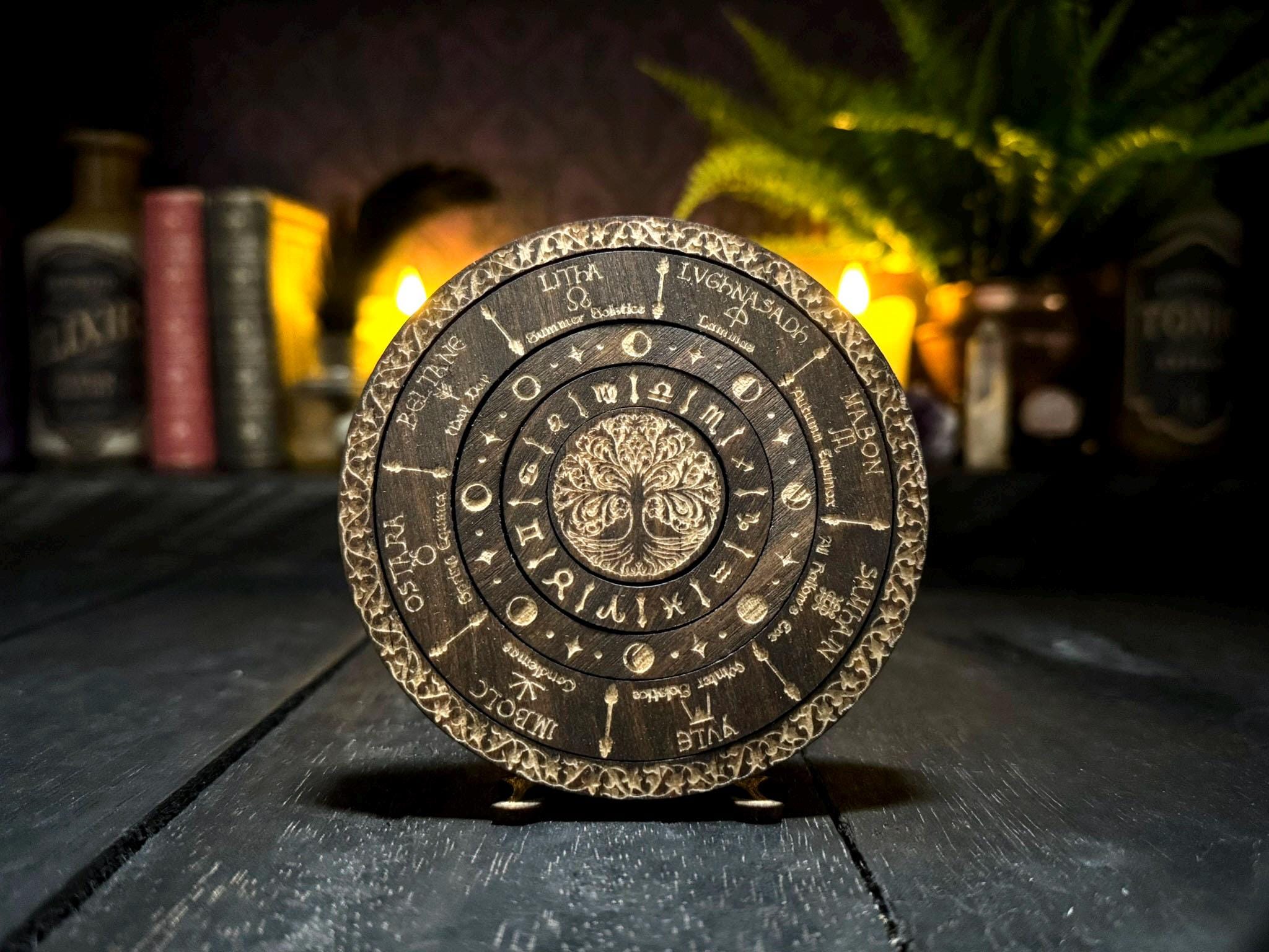 Wheel of the Year engraved rotating solid wood mini Pagan Wicca annual seasonal festivals sabbats, moon phases & zodiac signs calendar