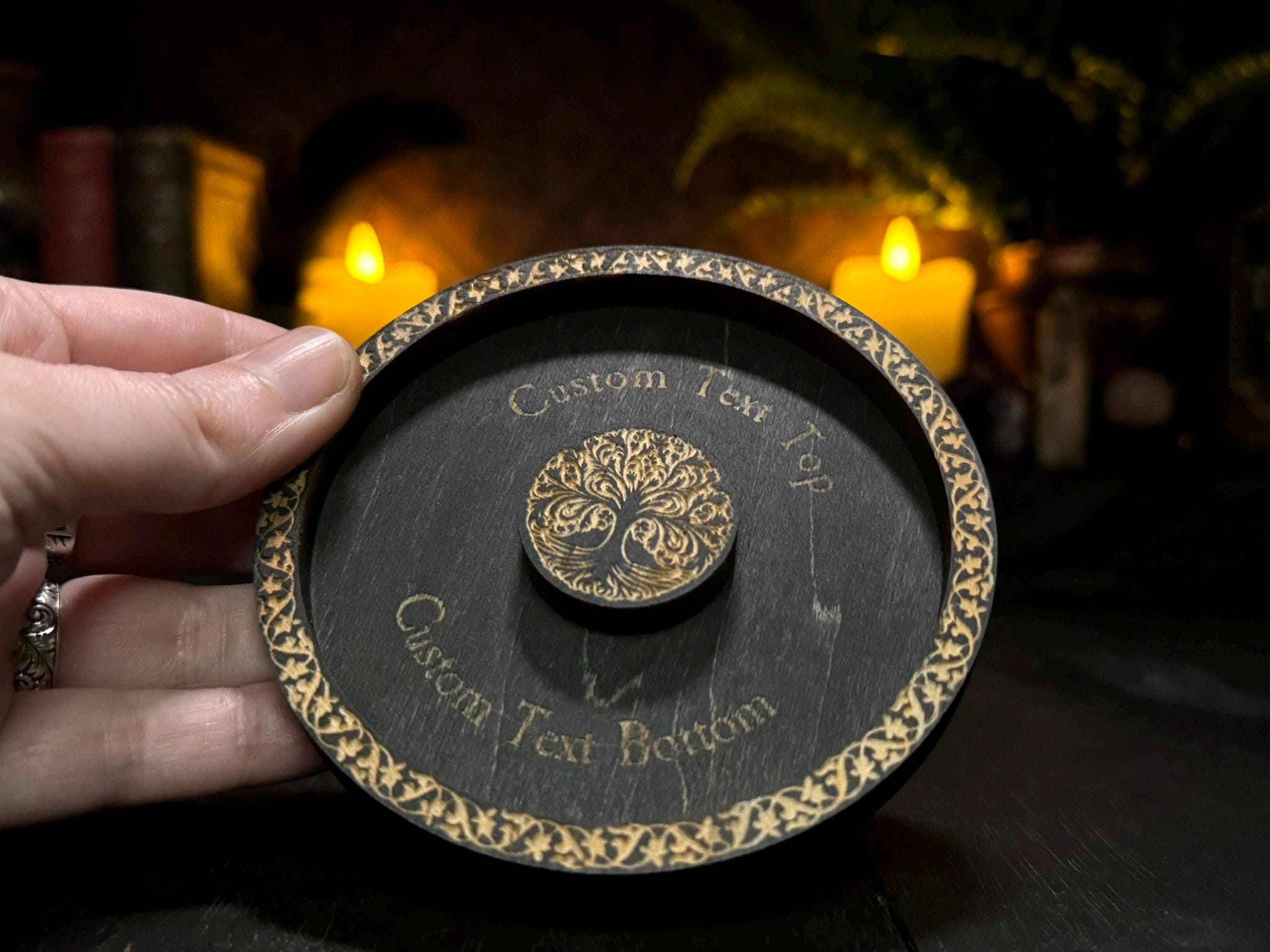 Wheel of the Year engraved rotating solid wood mini Pagan Wicca annual seasonal festivals sabbats, moon phases & zodiac signs calendar