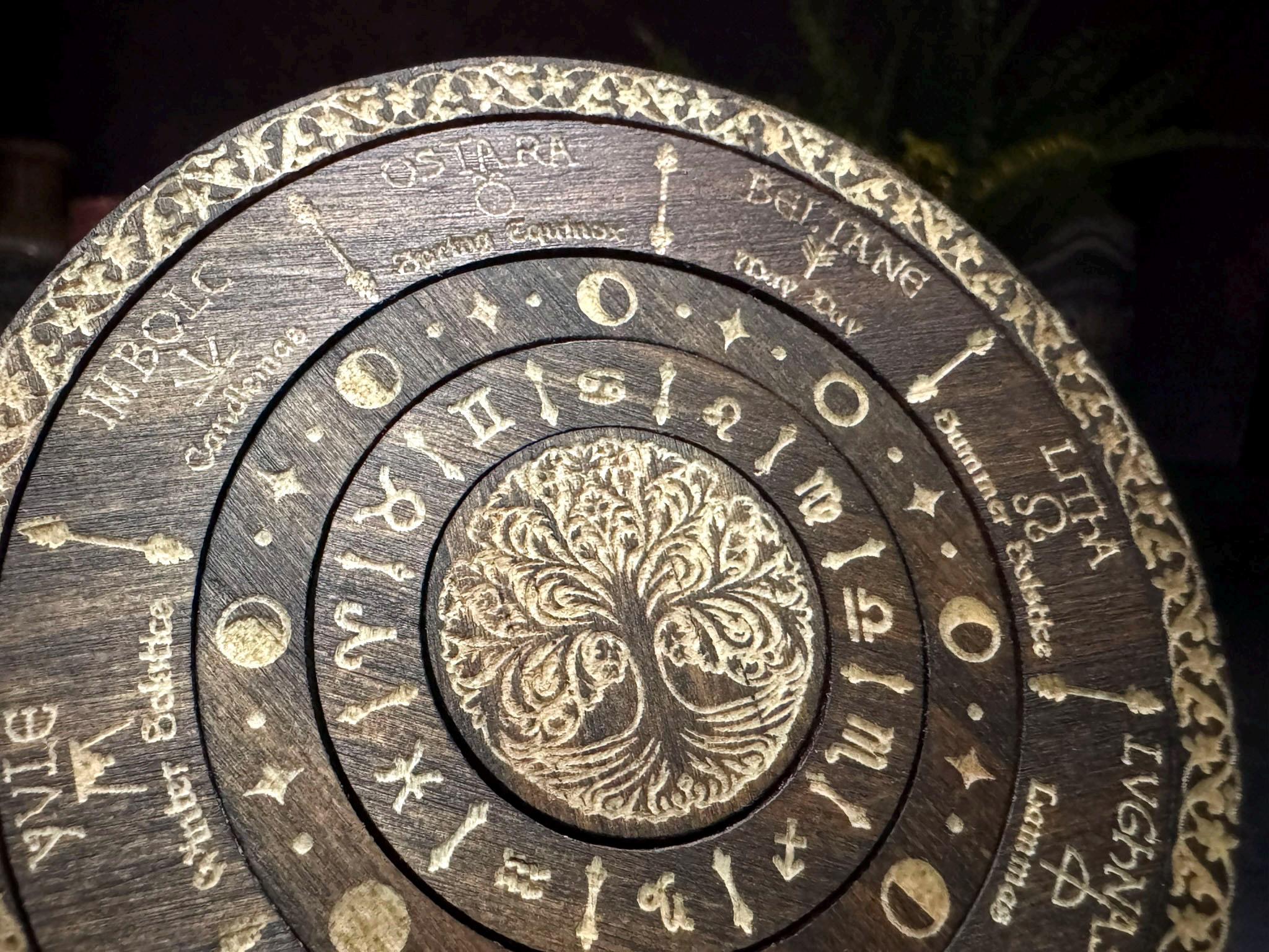 Wheel of the Year engraved rotating solid wood mini Pagan Wicca annual seasonal festivals sabbats, moon phases & zodiac signs calendar
