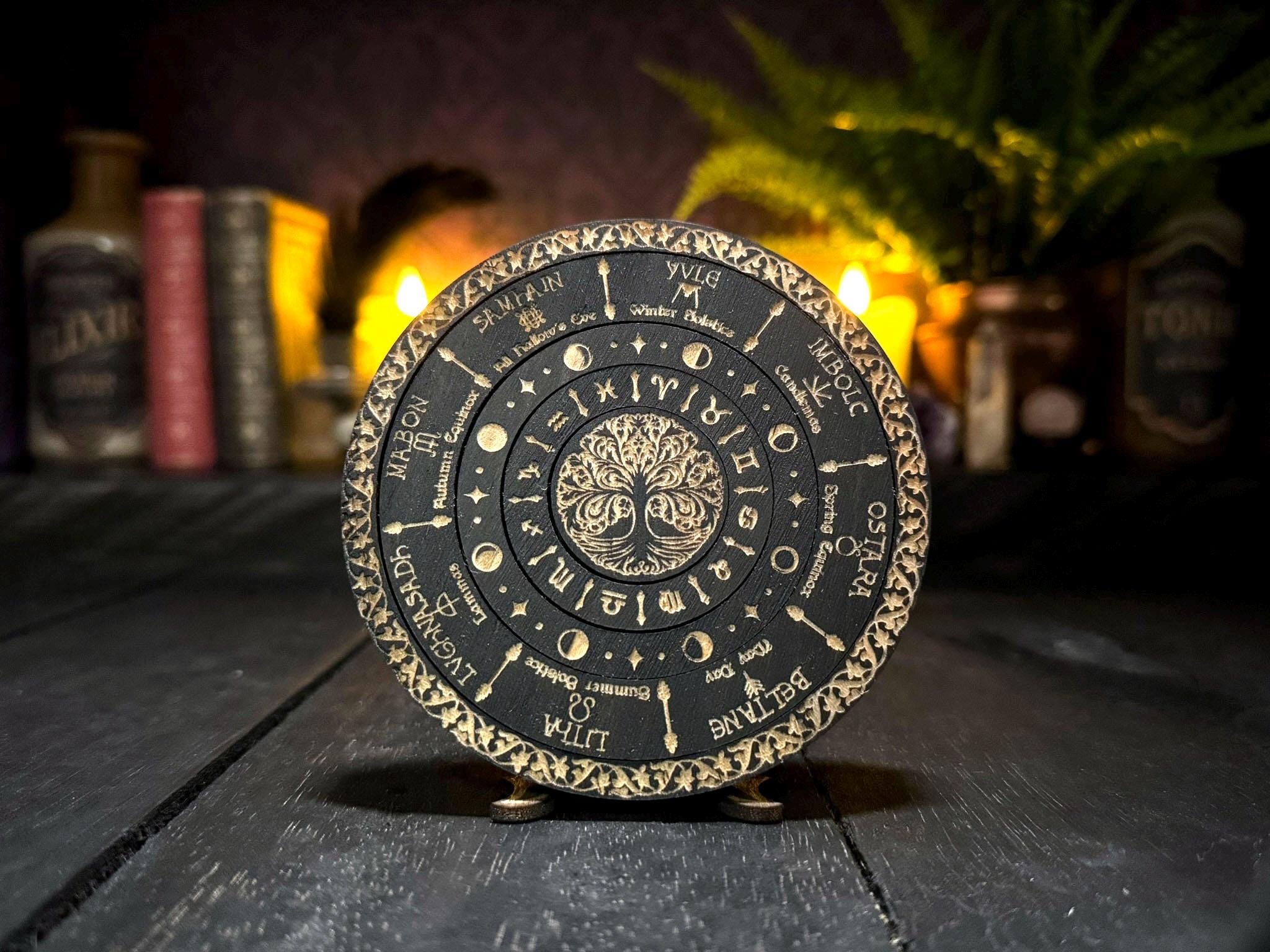 Wheel of the Year engraved rotating solid wood mini Pagan Wicca annual seasonal festivals sabbats, moon phases & zodiac signs calendar