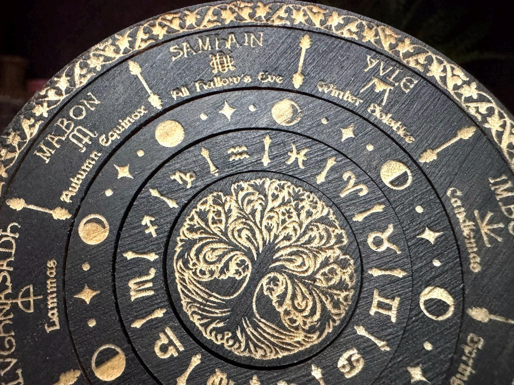 Wheel of the Year engraved rotating solid wood mini Pagan Wicca annual seasonal festivals sabbats, moon phases & zodiac signs calendar