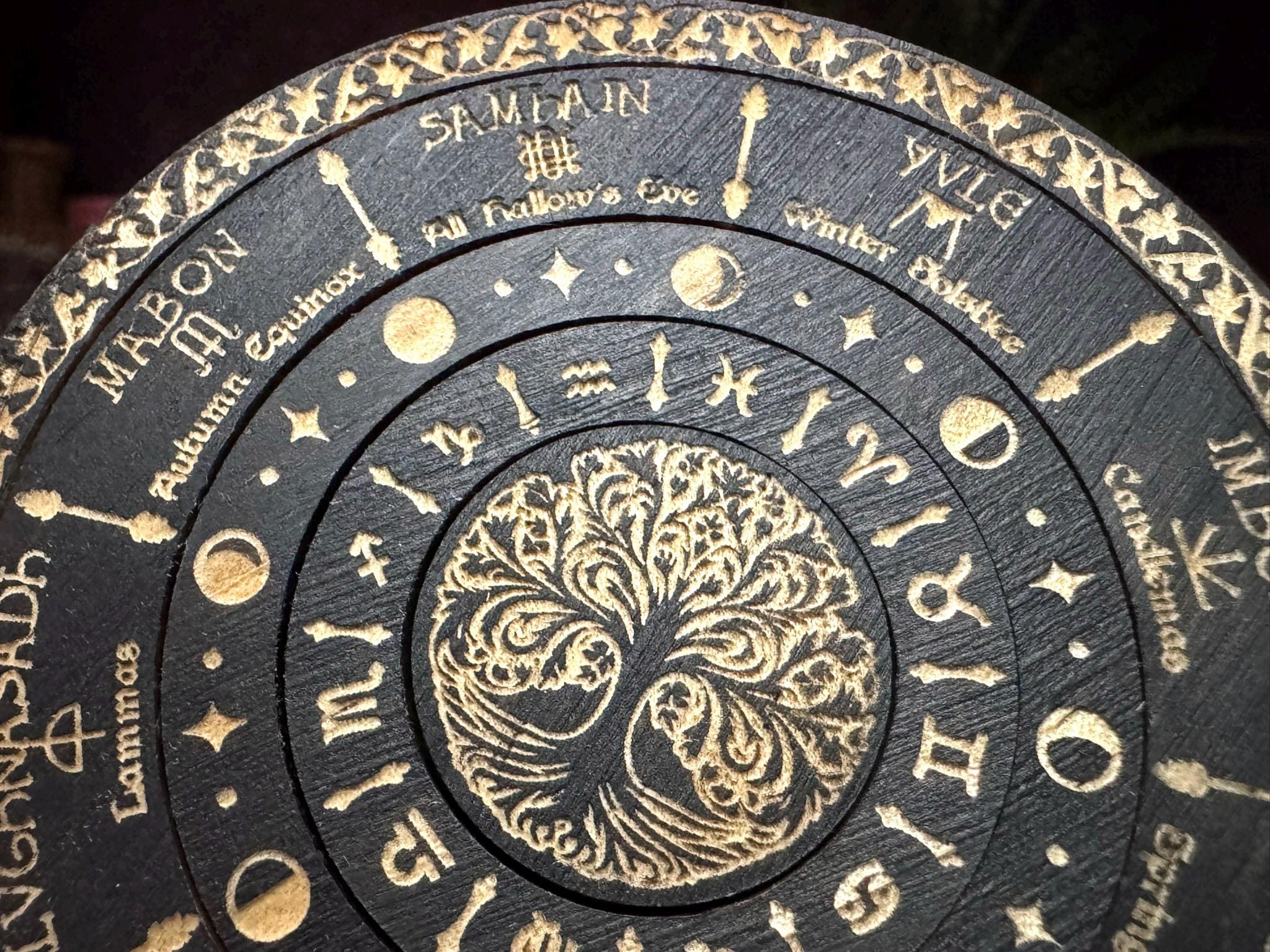 Wheel of the Year engraved rotating solid wood mini Pagan Wicca annual seasonal festivals sabbats, moon phases & zodiac signs calendar