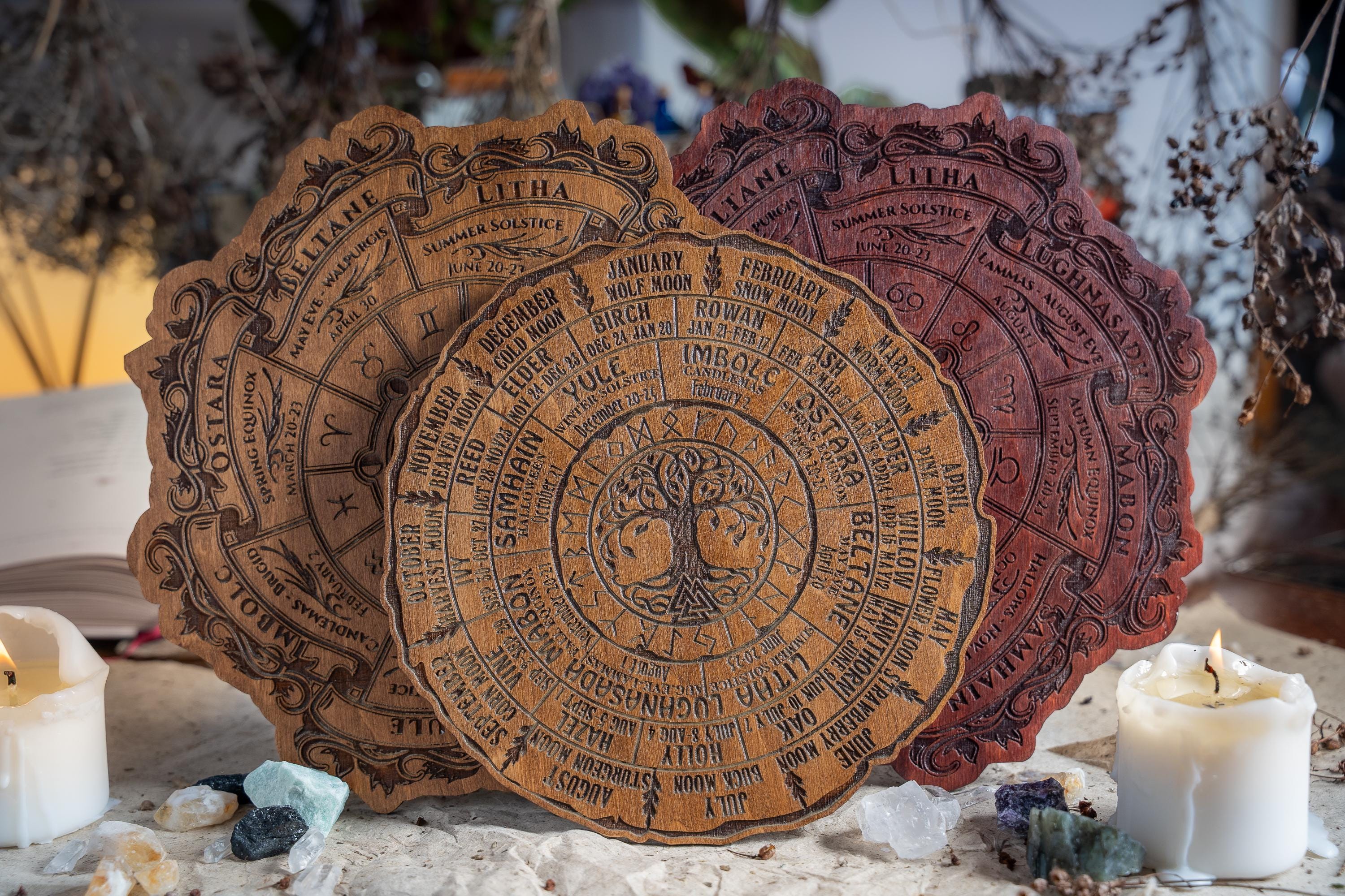 Celtic Tree of Life Wheel of the Year Calendar - Viking Pagan Wood Sign - Wiccan Altar Decor - Witch Planner - Witchcraft Wall Art Gift