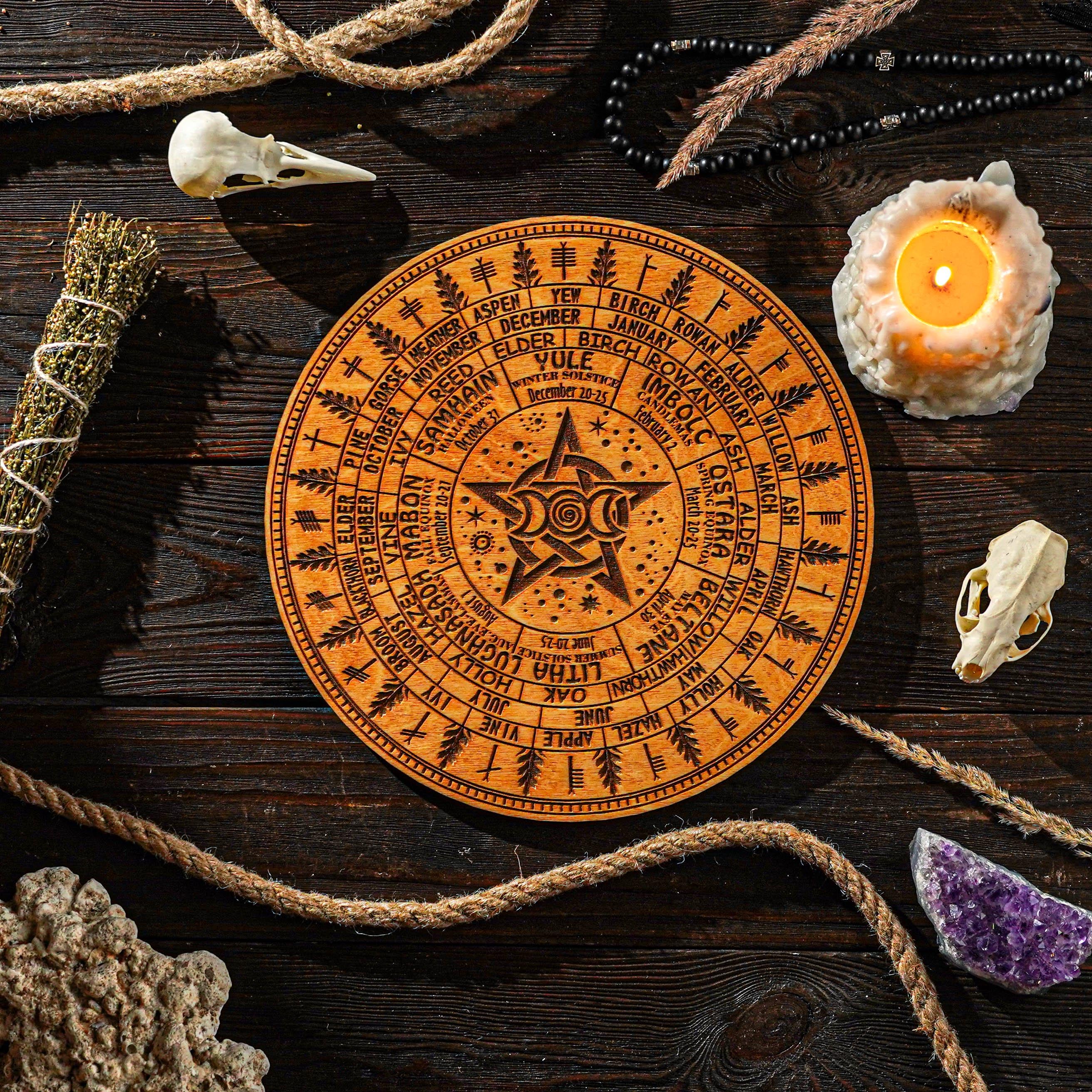 Wooden Wheel of the Year, Sabbath Calendar, Sabbath Wheel, Astrology Wheel, Moon Phases Calendar, Pagan Decor, Wiccan Gift, Witchcraft
