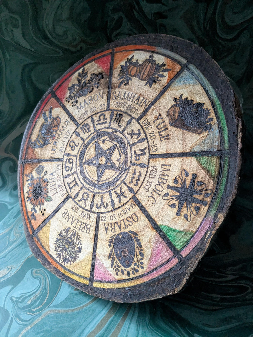 Witchy Calendar Wheel, Handcrafted Pyrography Log, Woodburned Pagan Decor, Wicca Gift, Witch Altar Piece