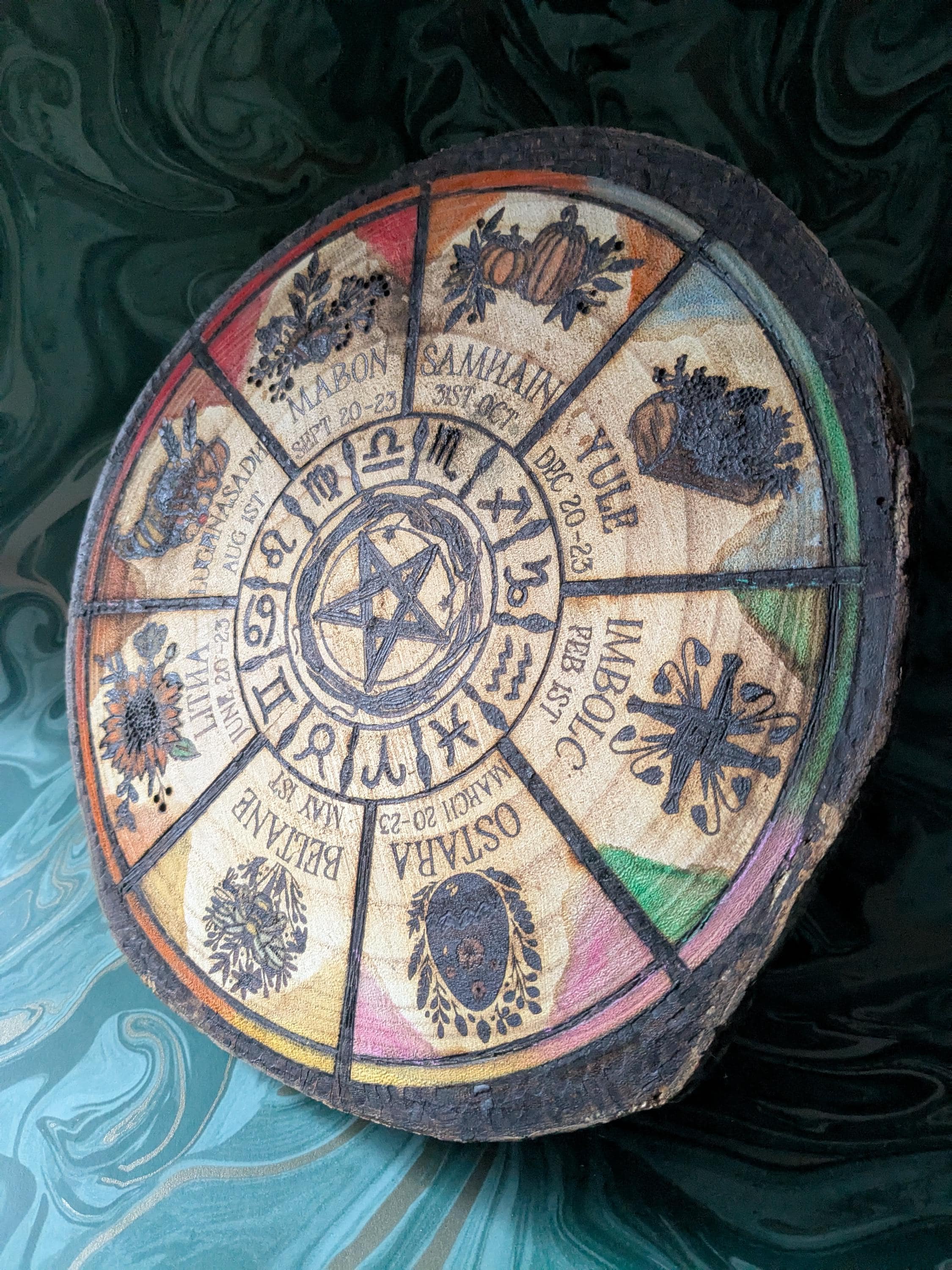 Witchy Calendar Wheel, Handcrafted Pyrography Log, Woodburned Pagan Decor, Wicca Gift, Witch Altar Piece