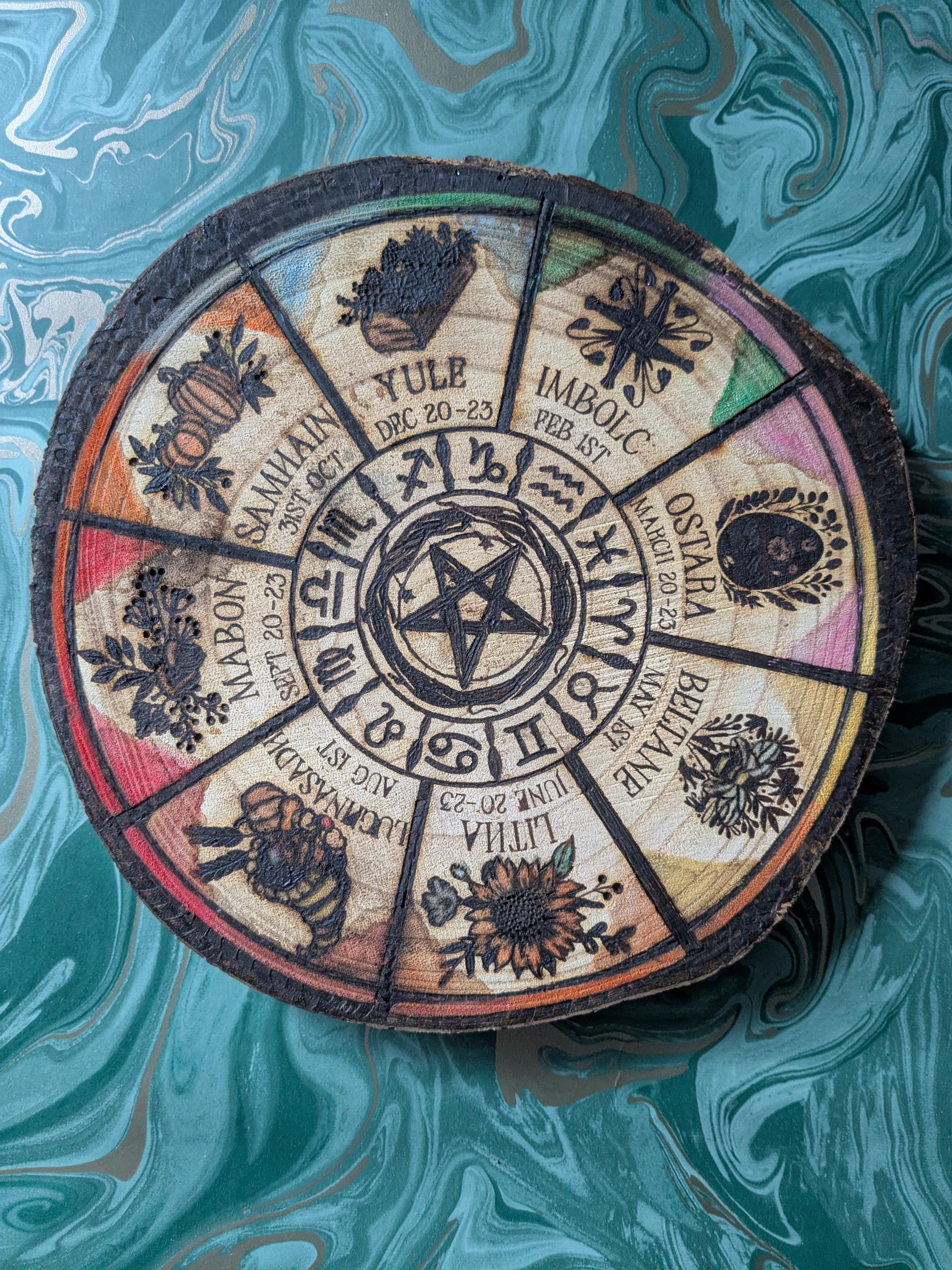 Witchy Calendar Wheel, Handcrafted Pyrography Log, Woodburned Pagan Decor, Wicca Gift, Witch Altar Piece