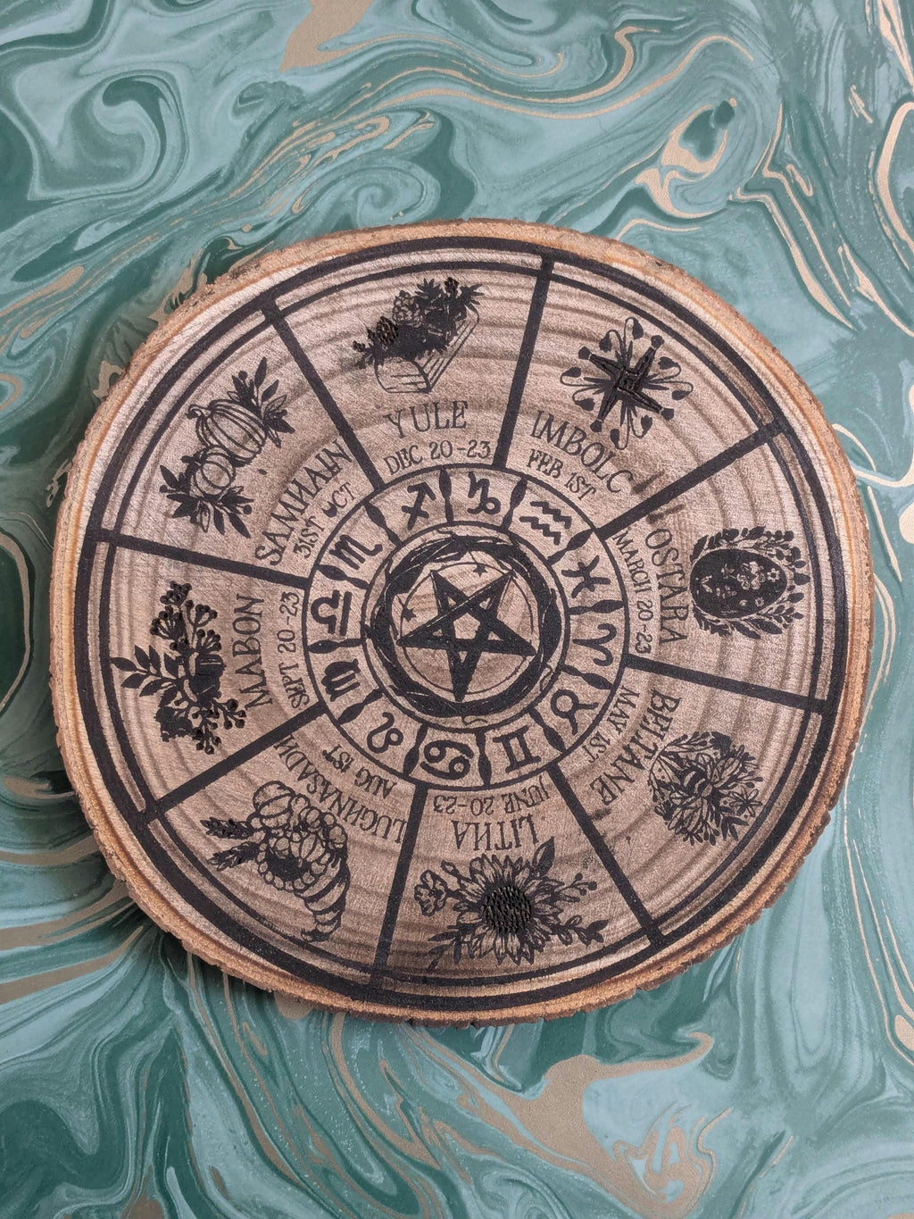 Witchy Calendar Wheel, Handcrafted Pyrography Log, Woodburned Pagan Decor, Wicca Gift, Witch Altar Piece