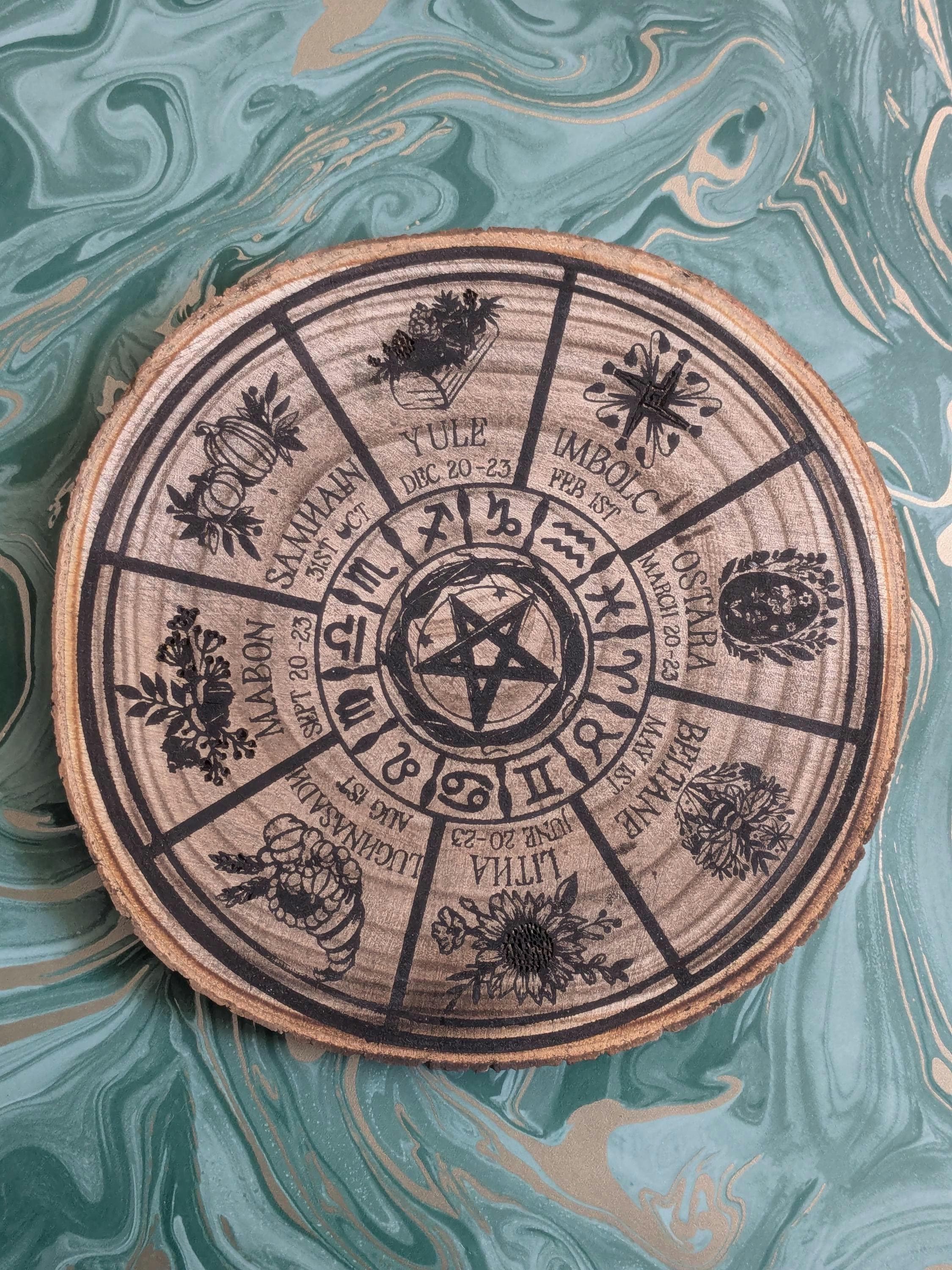 Witchy Calendar Wheel, Handcrafted Pyrography Log, Woodburned Pagan Decor, Wicca Gift, Witch Altar Piece