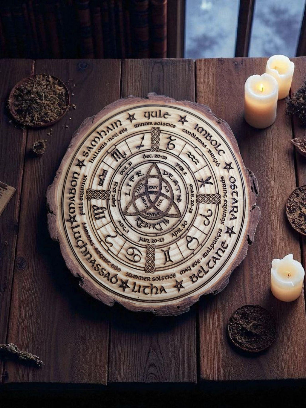 Pagan Wheel of the Year | Sabbat Calendar | Laser Engraved Rustic Wood Disc | Wiccan Altar Decor | Witchcraft Gift | Celtic Ritual Tool